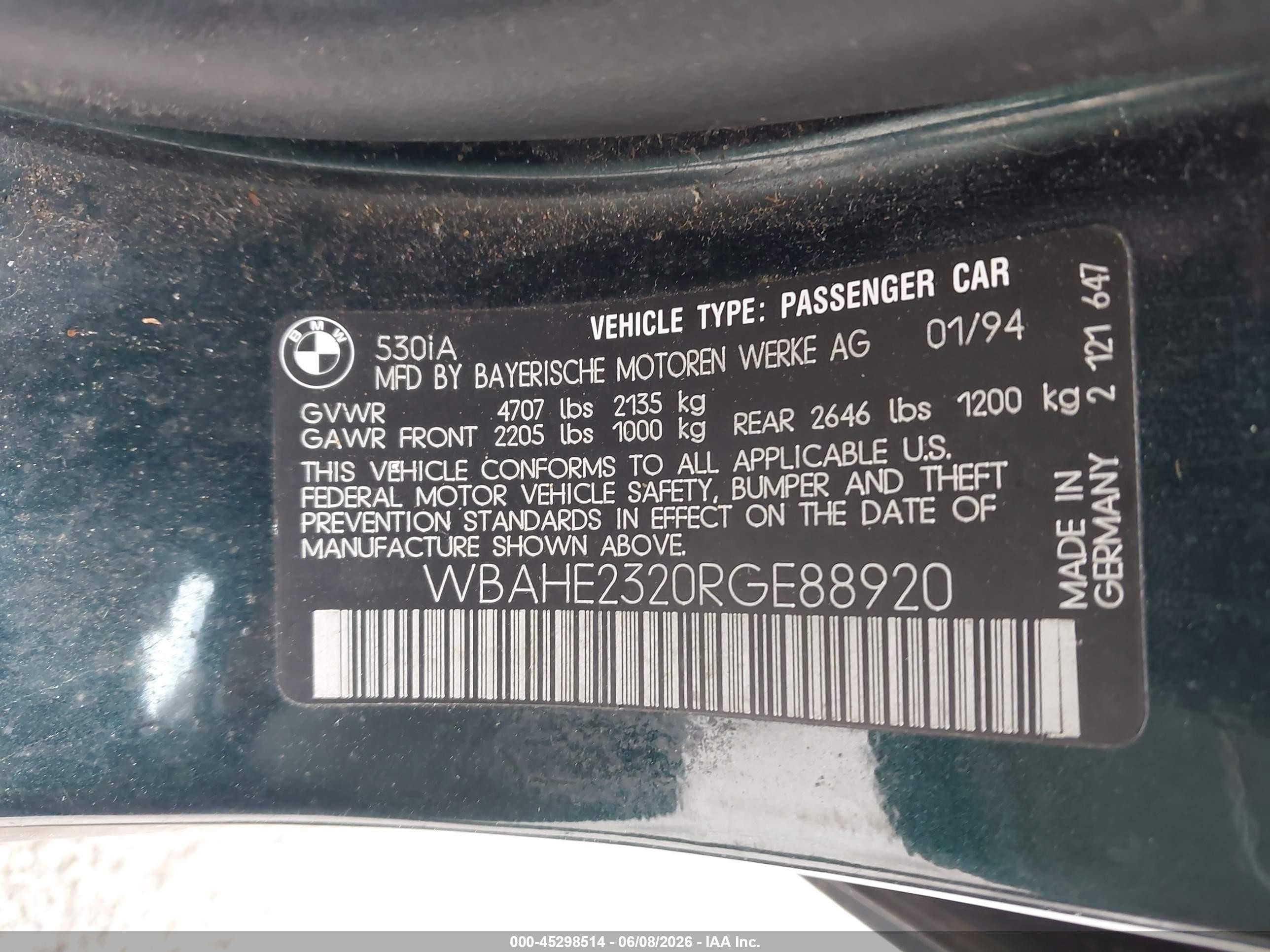 1994 Bmw 530 I Automatic Green vin: WBAHE2320RGE88920