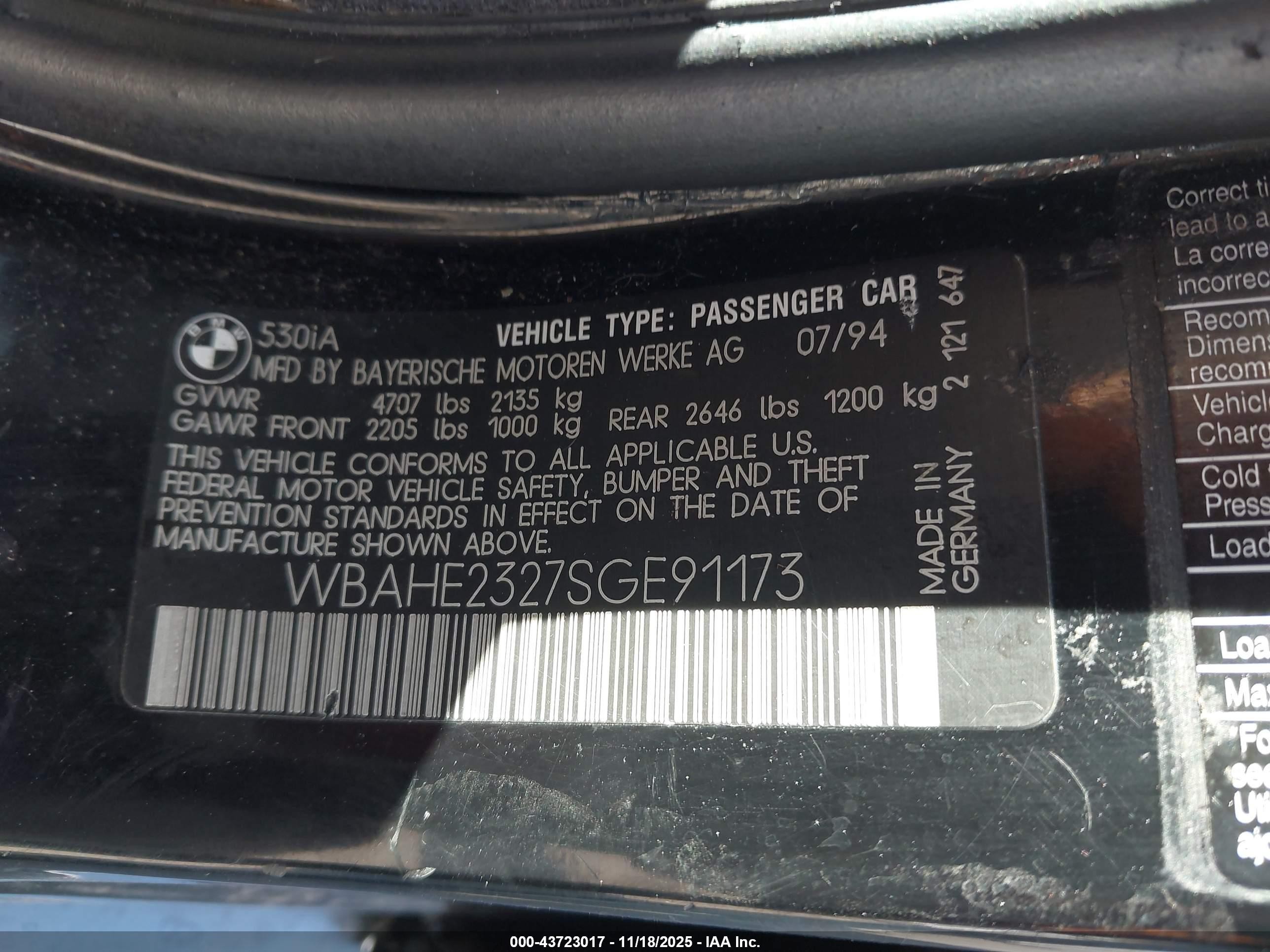1995 Bmw 530 I Automatic Черный vin: WBAHE2327SGE91173