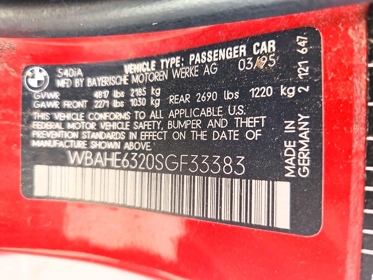 1995 Bmw 540 I Automatic Red vin: WBAHE6320SGF33383