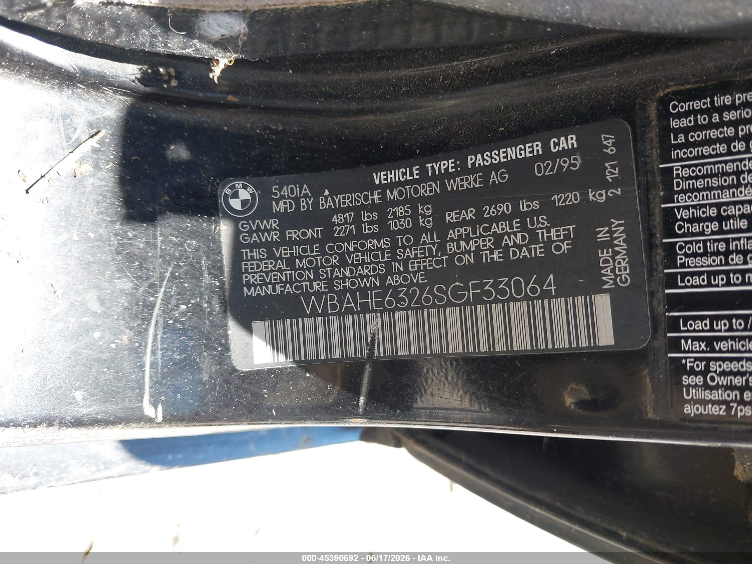 1995 Bmw 540 I Automatic Black vin: WBAHE6326SGF33064
