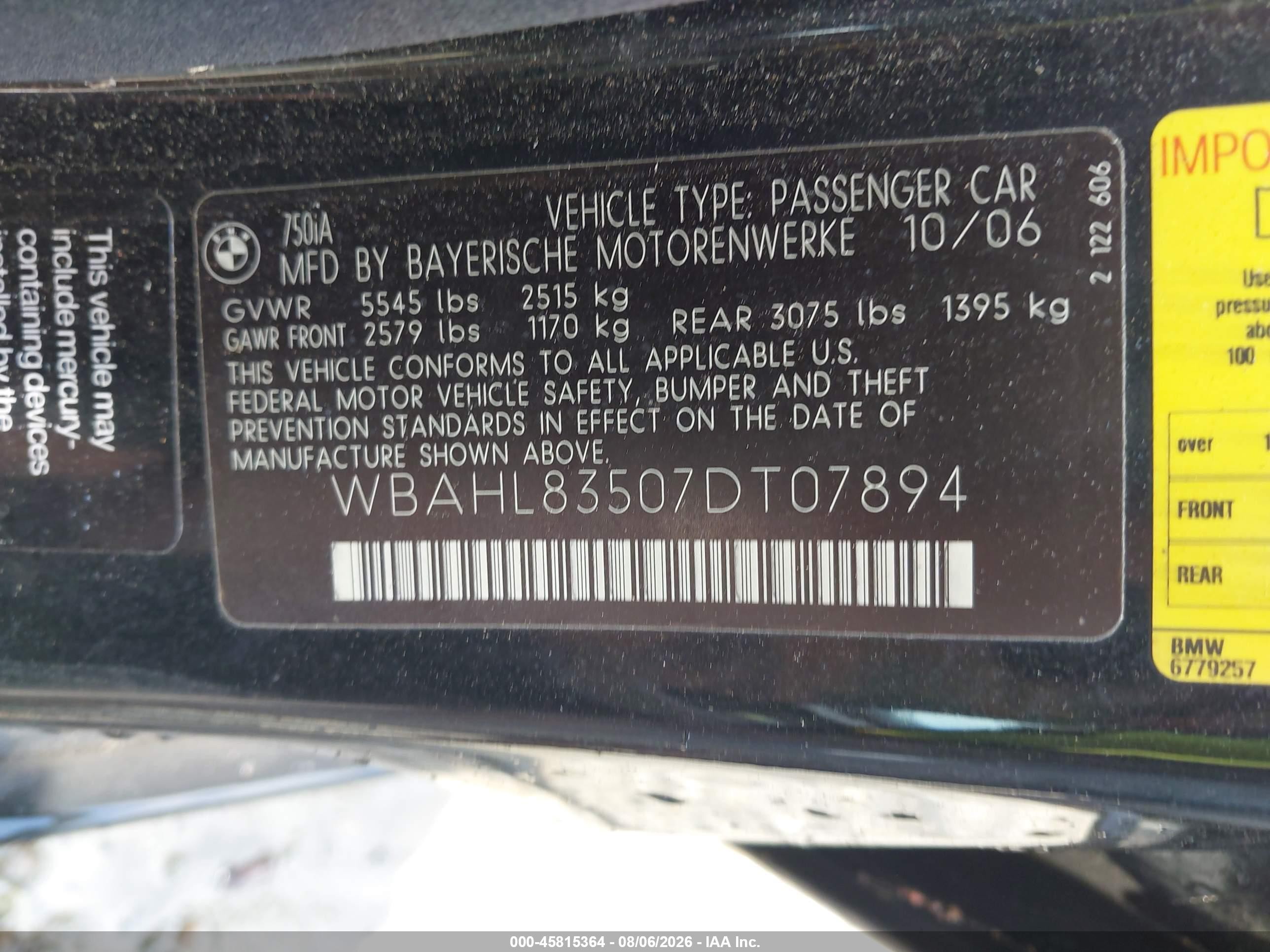 2007 Bmw 750i   Black vin: WBAHL83507DT07894