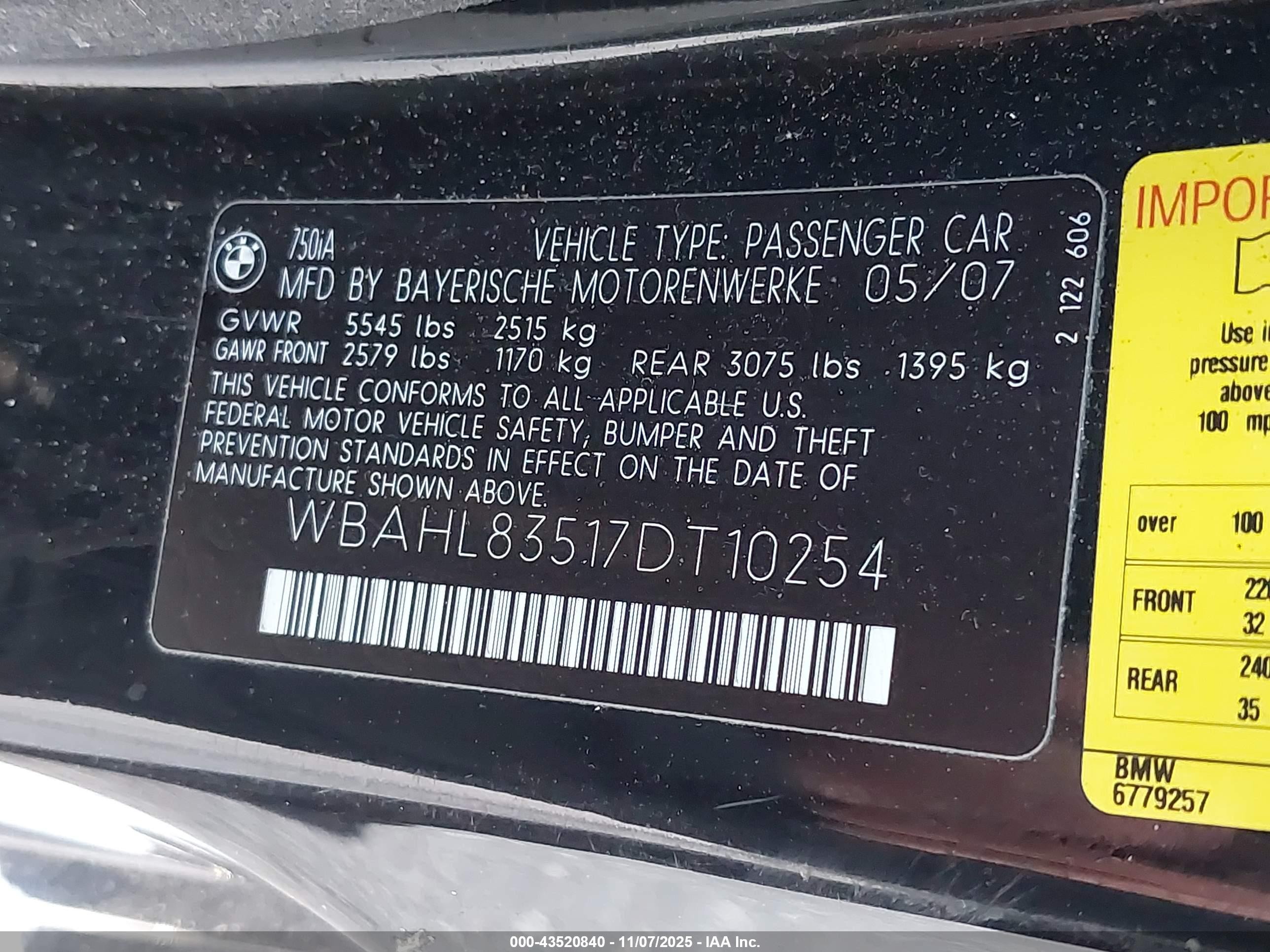 2007 Bmw 750i   Black vin: WBAHL83517DT10254