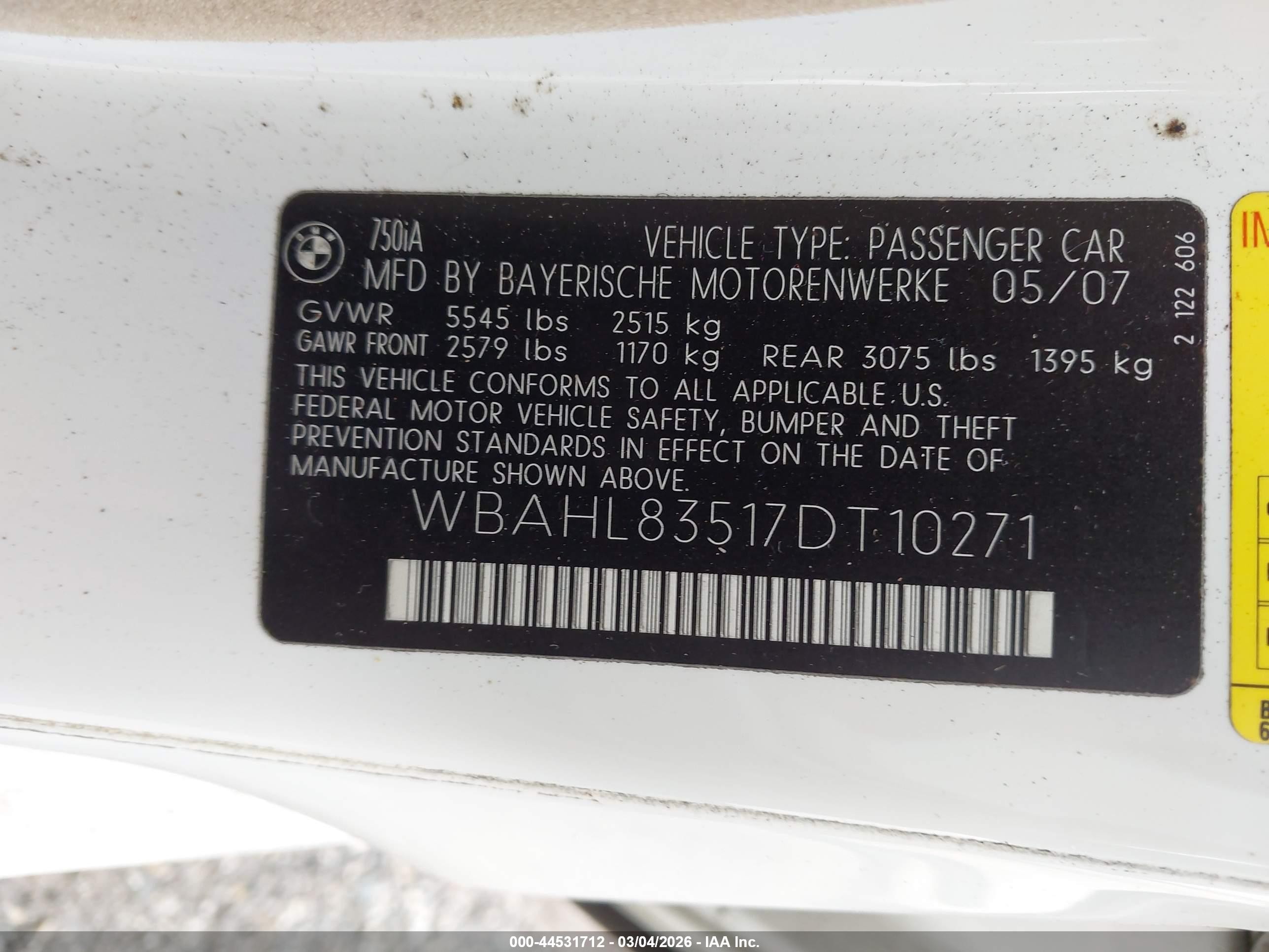 2007 Bmw 750i   White vin: WBAHL83517DT10271