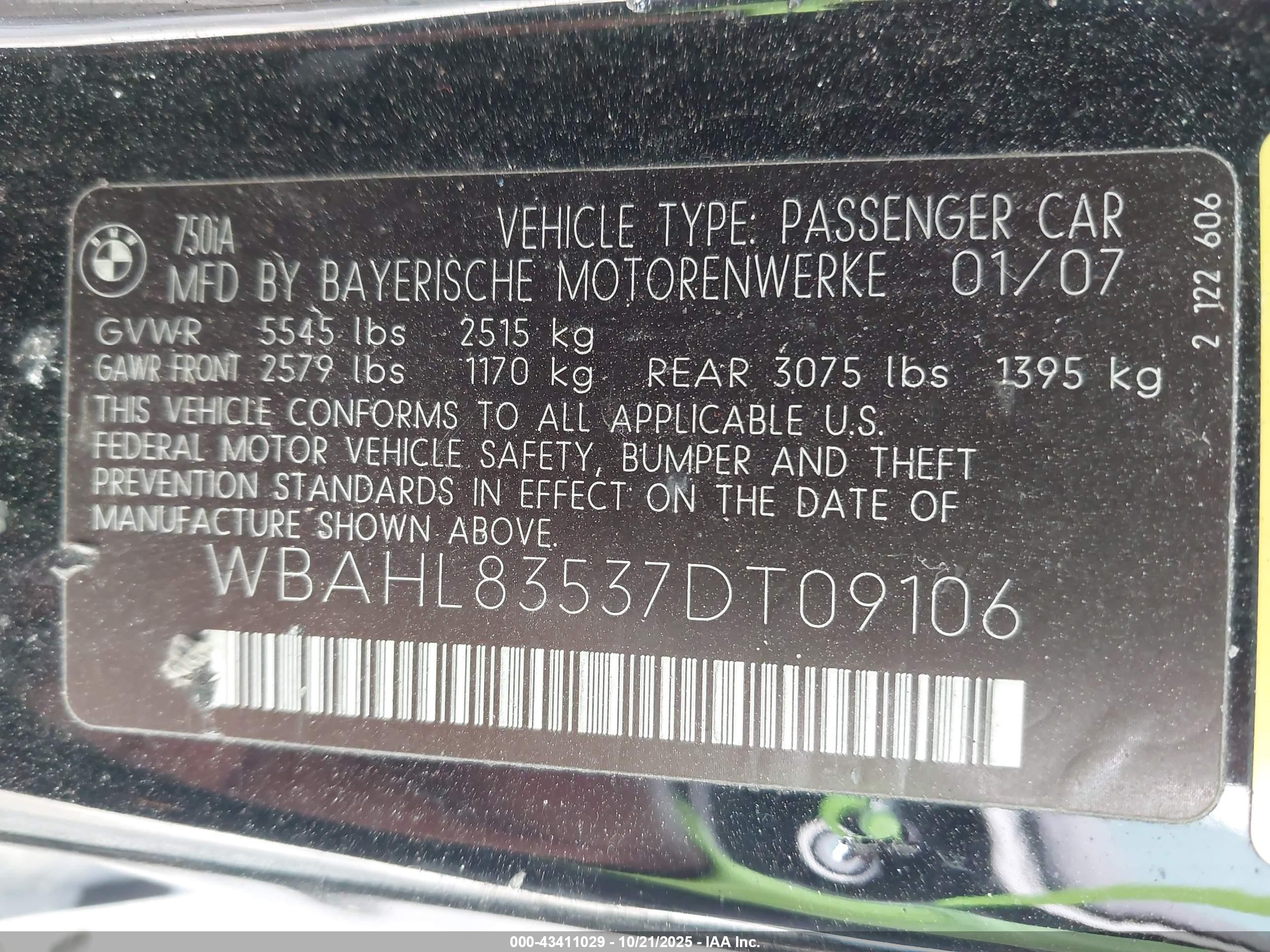 2007 Bmw 750i   Black vin: WBAHL83537DT09106