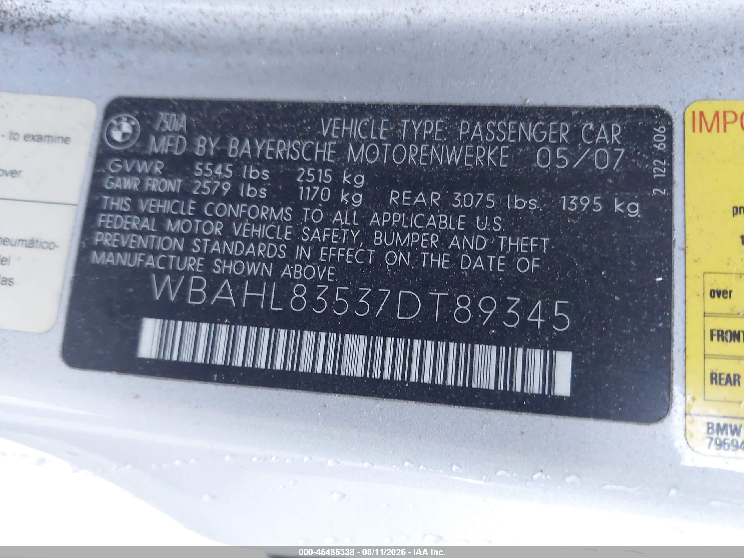 2007 Bmw 750i   Silver vin: WBAHL83537DT89345