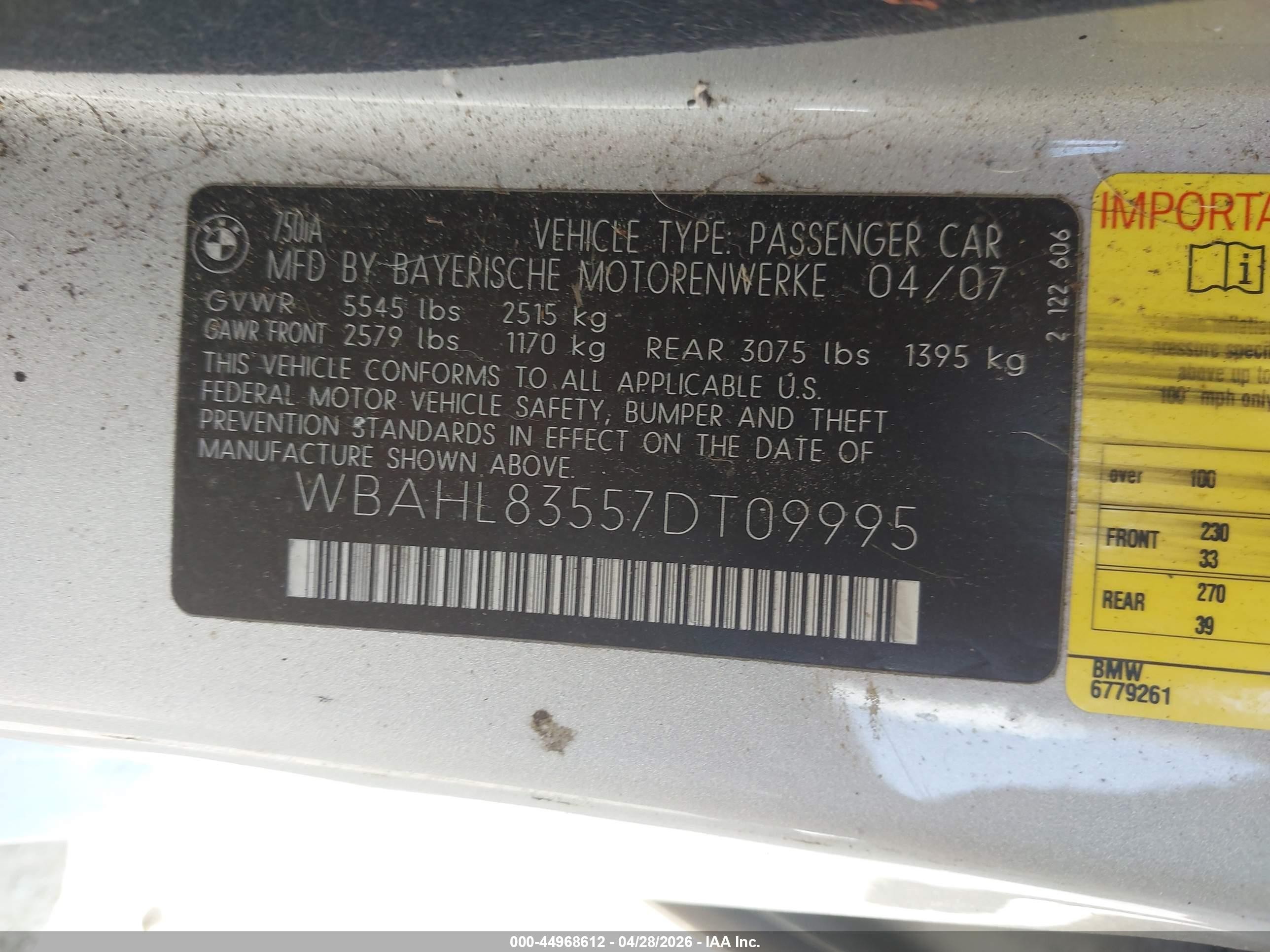 2007 Bmw 750i   Silver vin: WBAHL83557DT09995