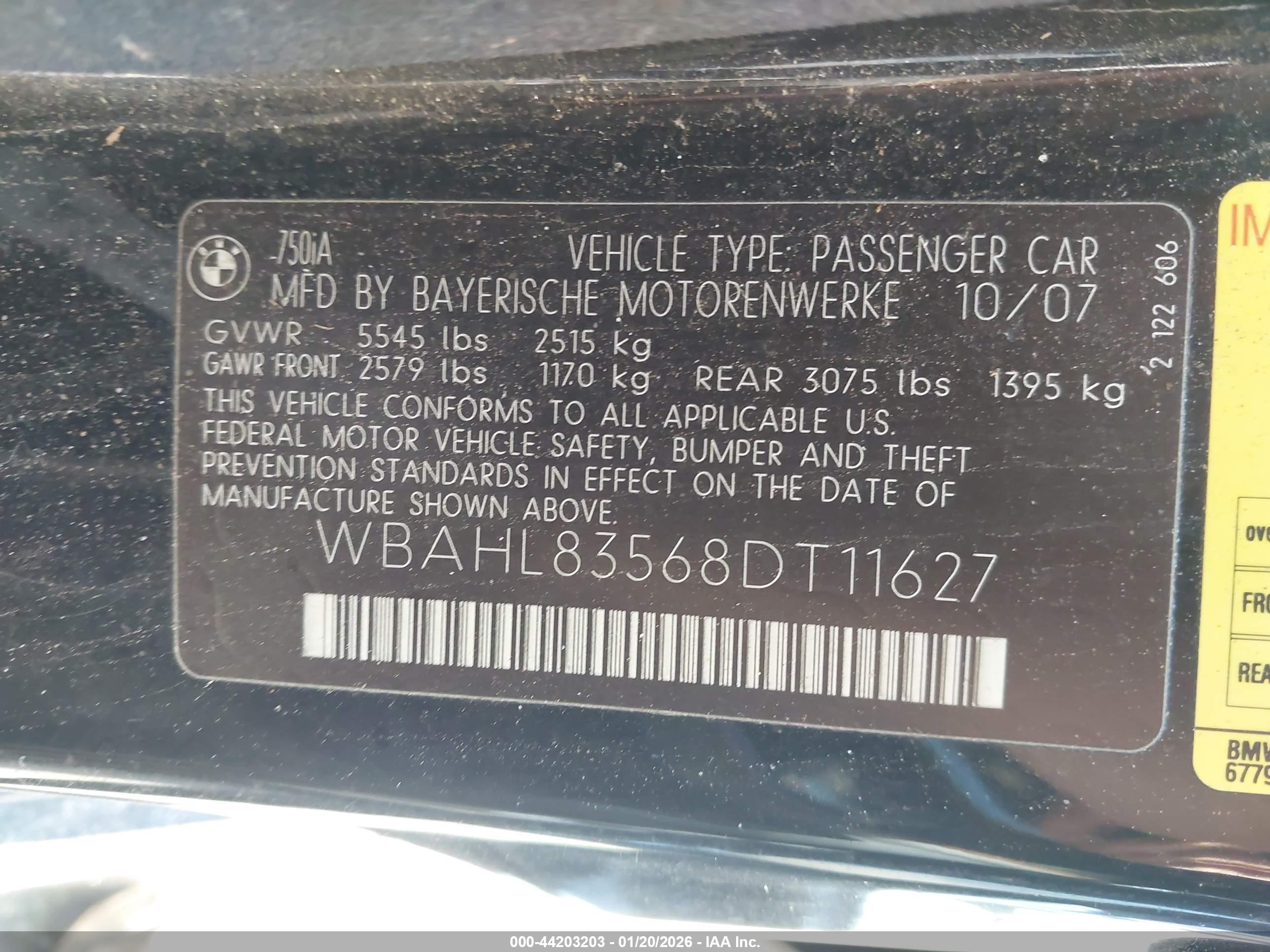 2008 Bmw 750i   Black vin: WBAHL83568DT11627