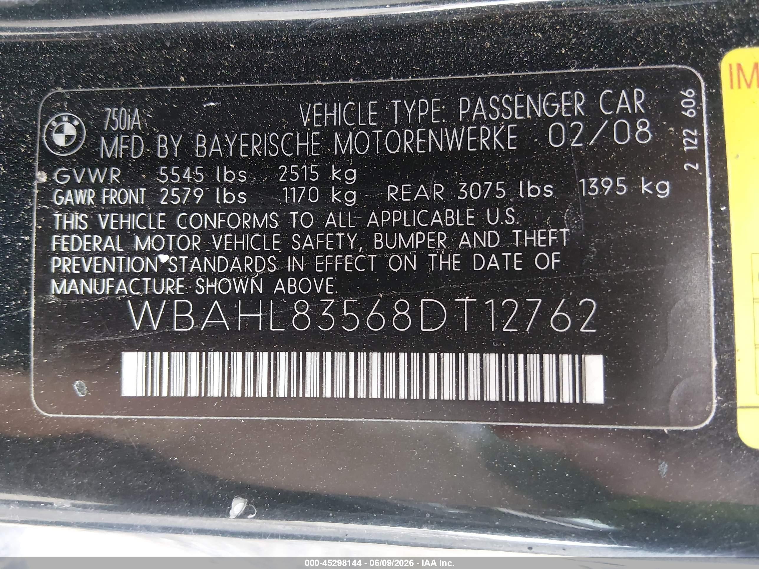 2008 Bmw 750i   Black vin: WBAHL83568DT12762