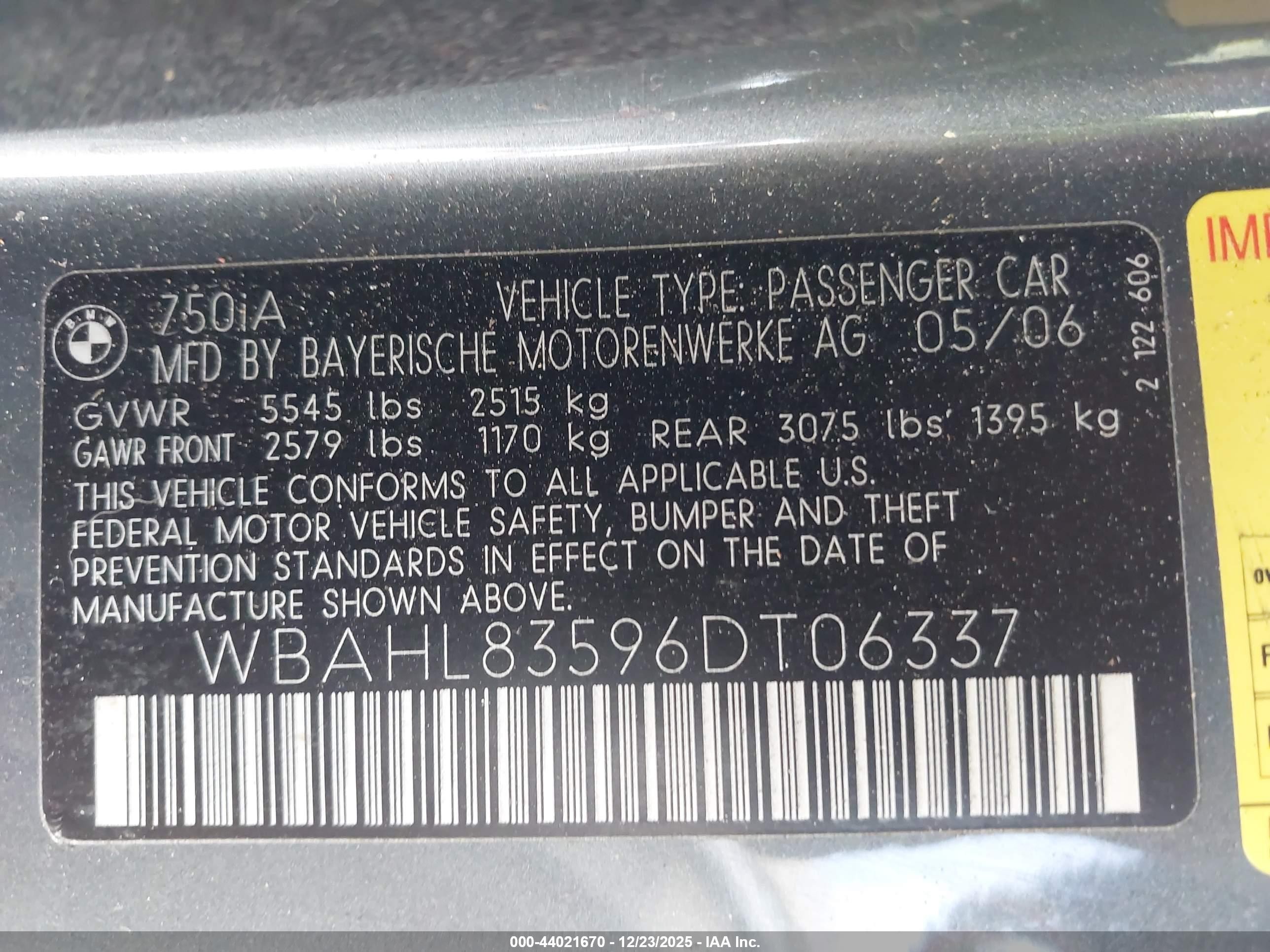 2006 Bmw 750i   Gray vin: WBAHL83596DT06337