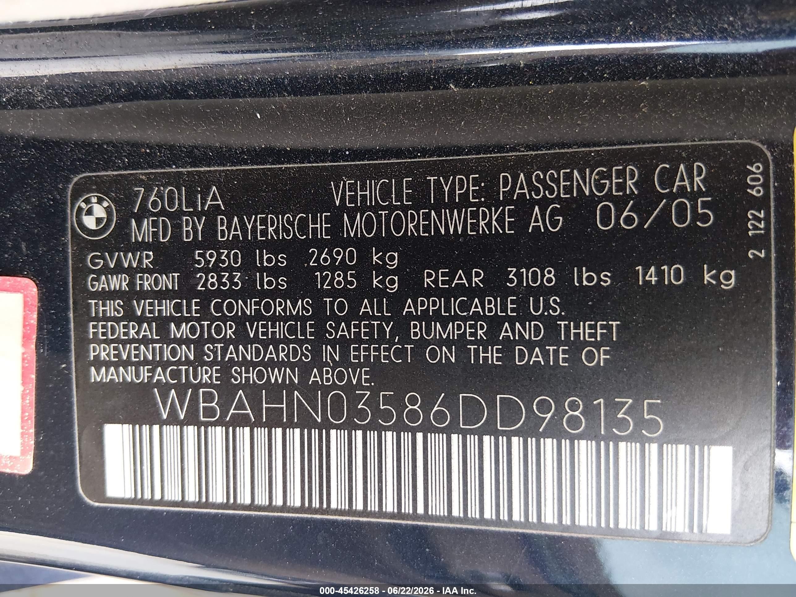 2006 Bmw 760li   Blue vin: WBAHN03586DD98135