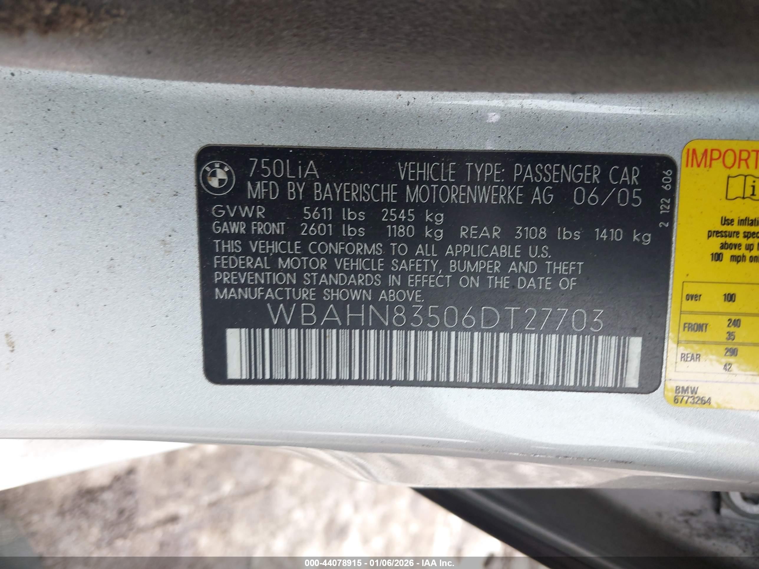 2006 Bmw 750li   Серебряный vin: WBAHN83506DT27703