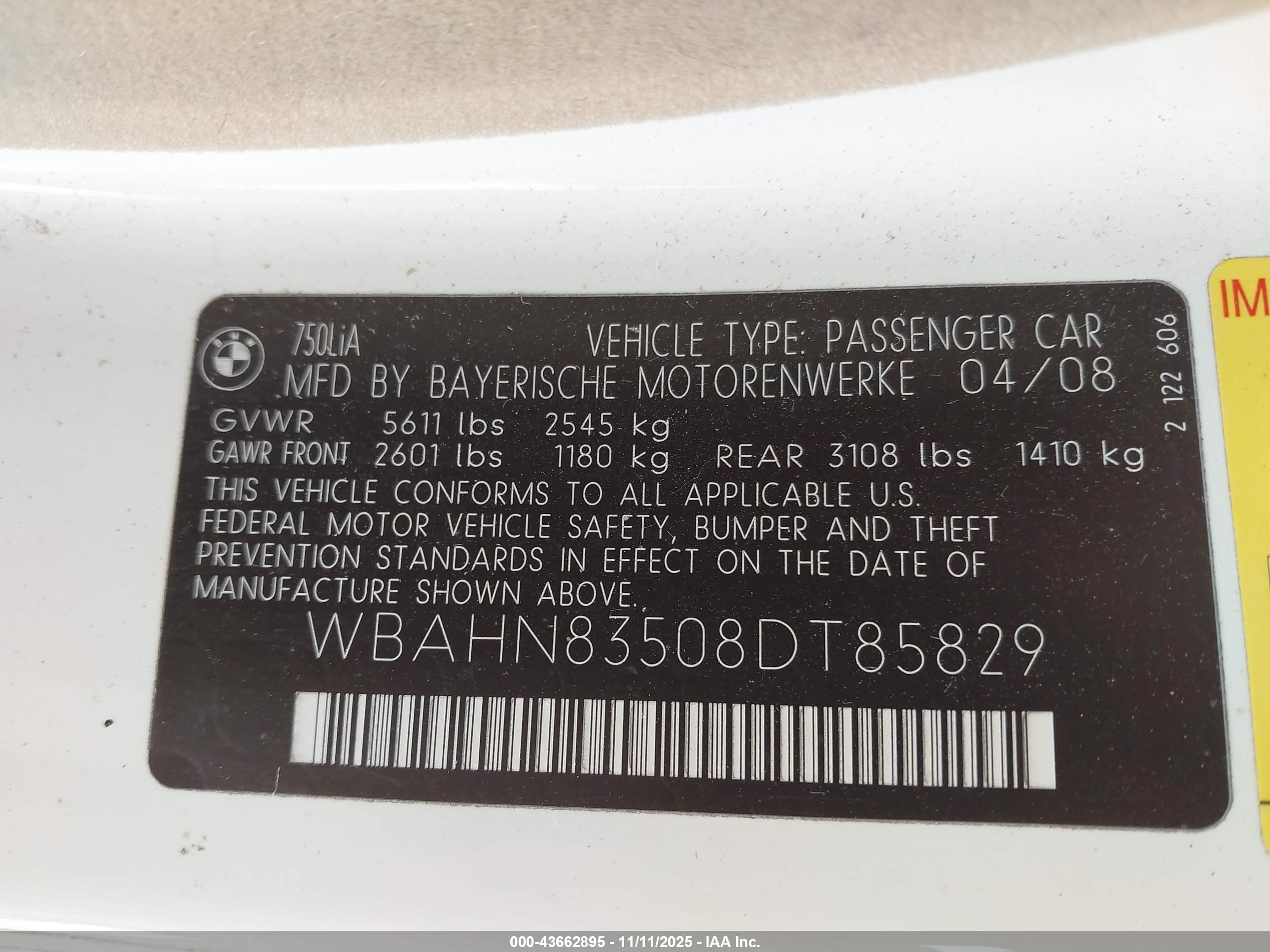 2008 Bmw 750li   White vin: WBAHN83508DT85829