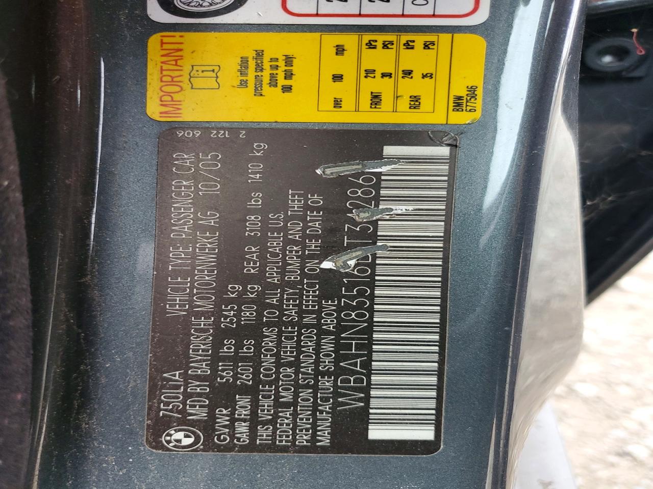 2006 Bmw 750 Li Gray vin: WBAHN83516DT34286