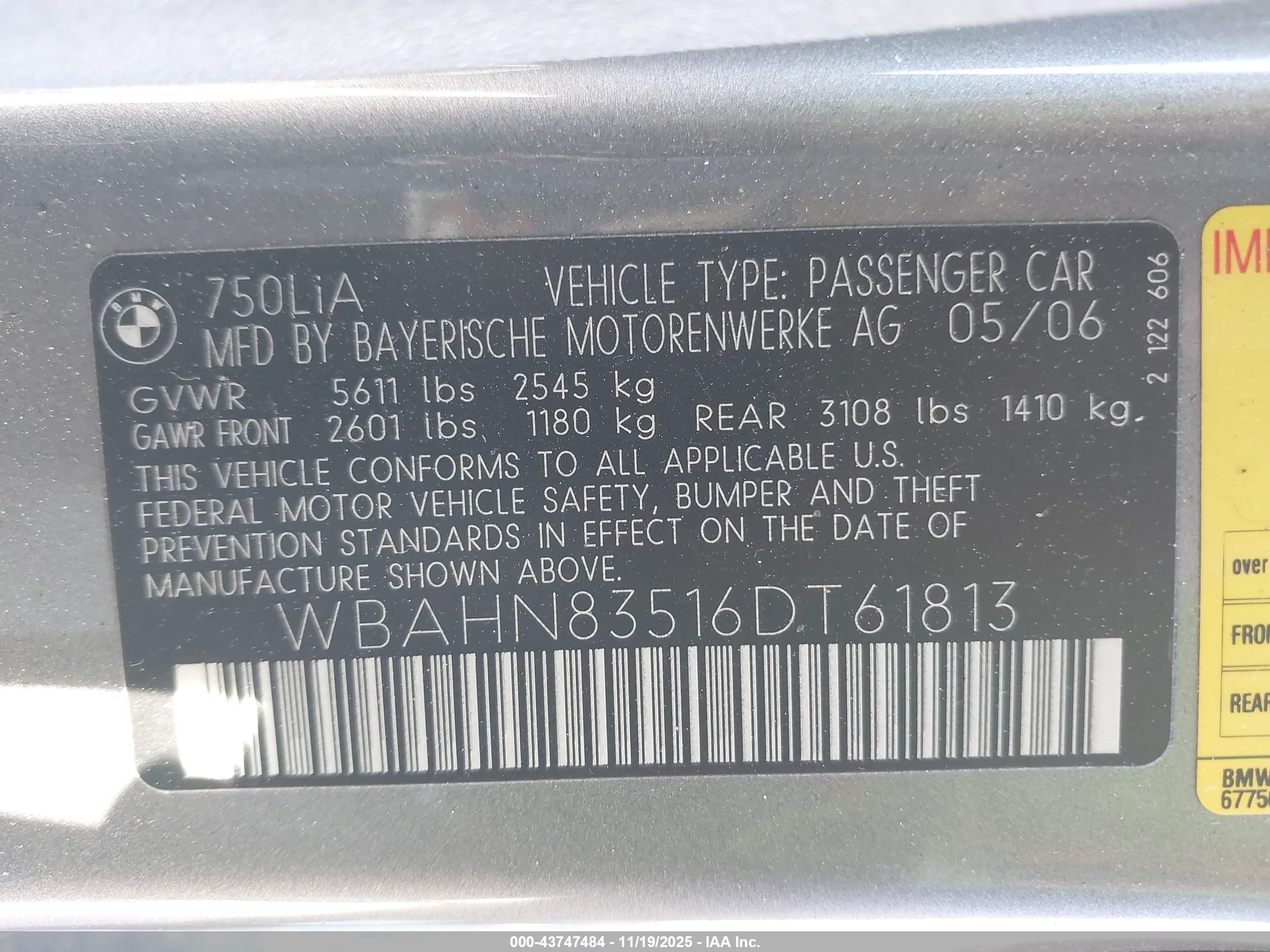 2006 Bmw 750li   Gray vin: WBAHN83516DT61813