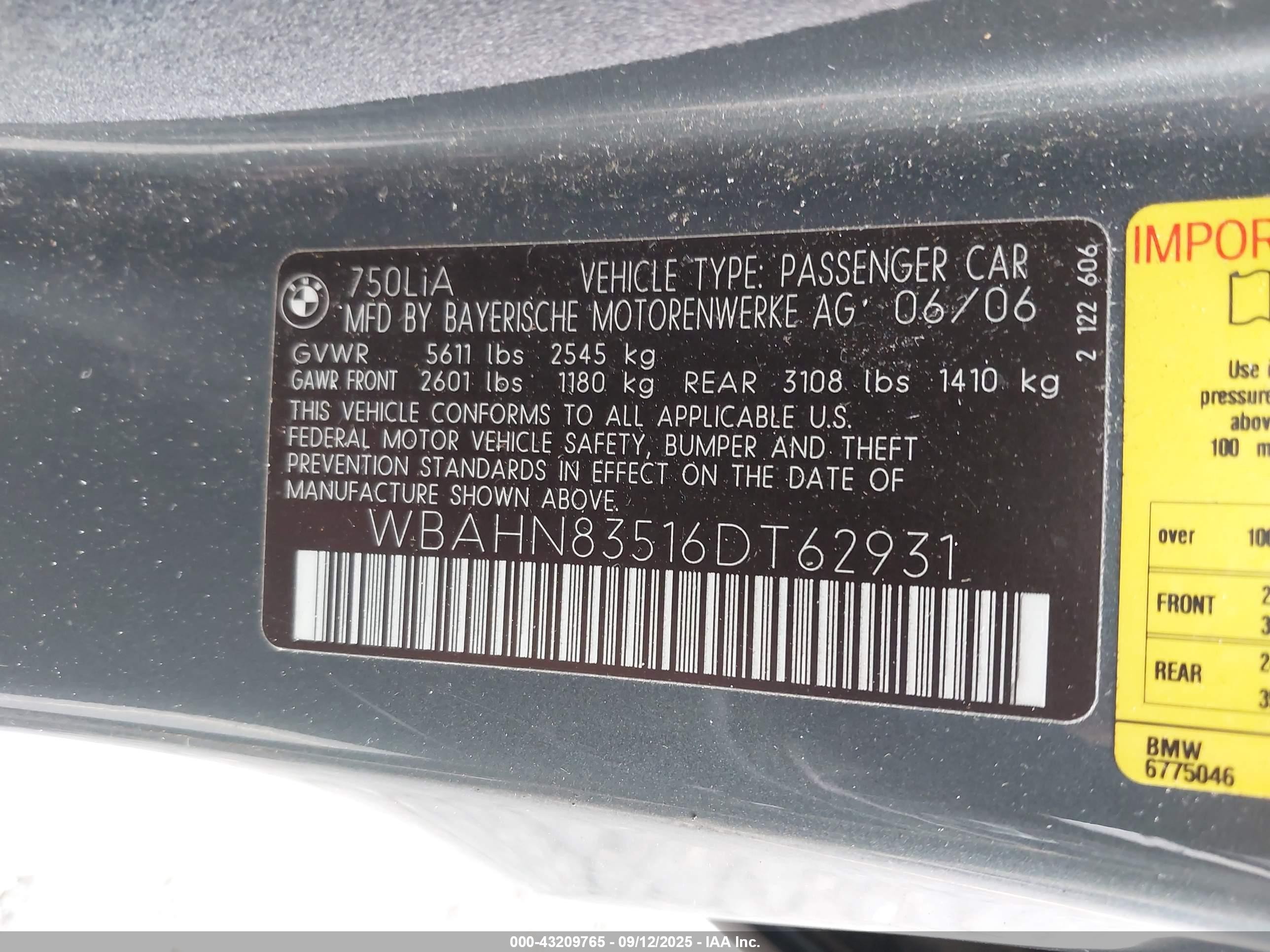 2006 Bmw 750li   Gray vin: WBAHN83516DT62931