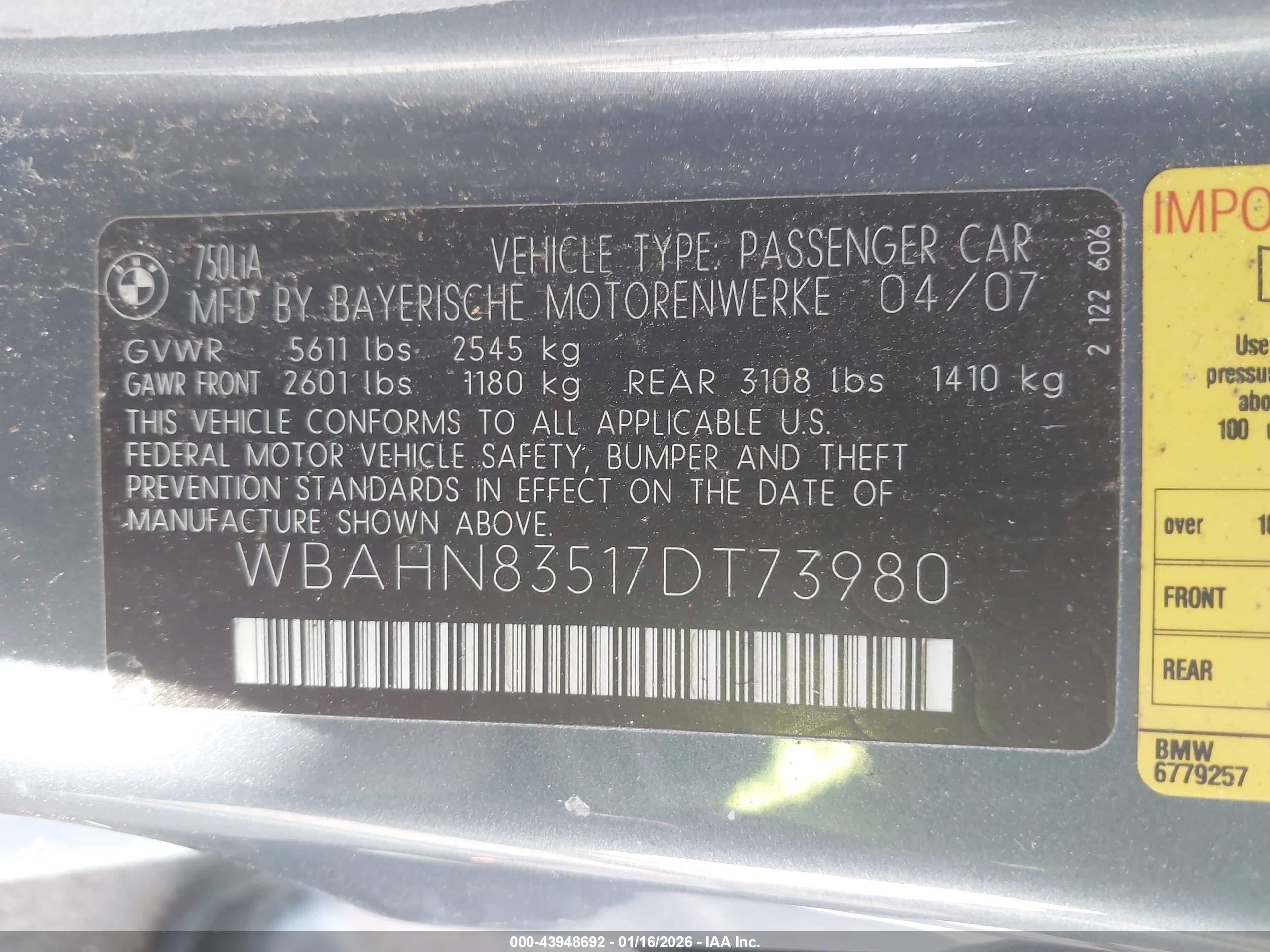 2007 Bmw 750li   Blue vin: WBAHN83517DT73980