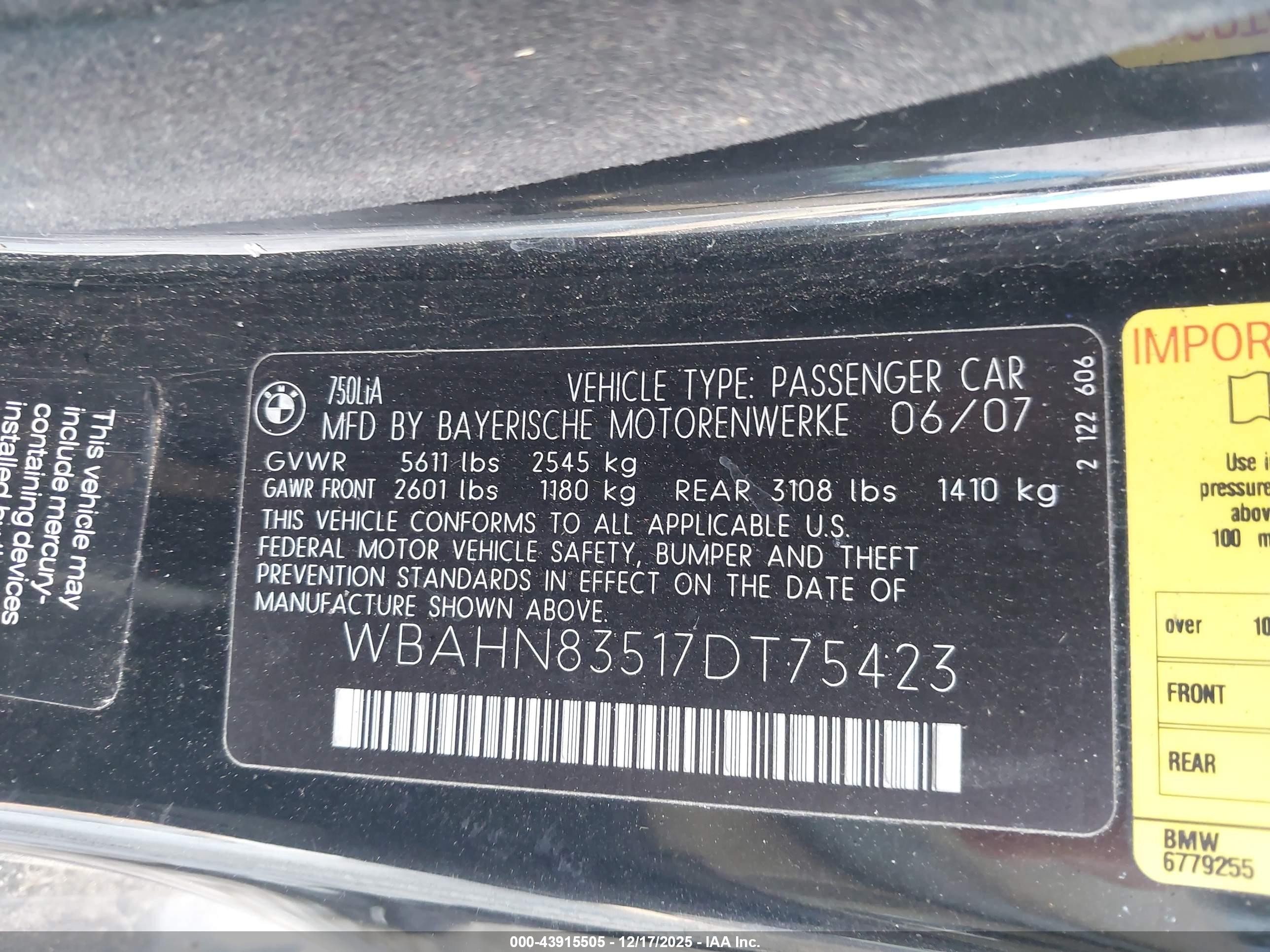 2007 Bmw 750li   Black vin: WBAHN83517DT75423