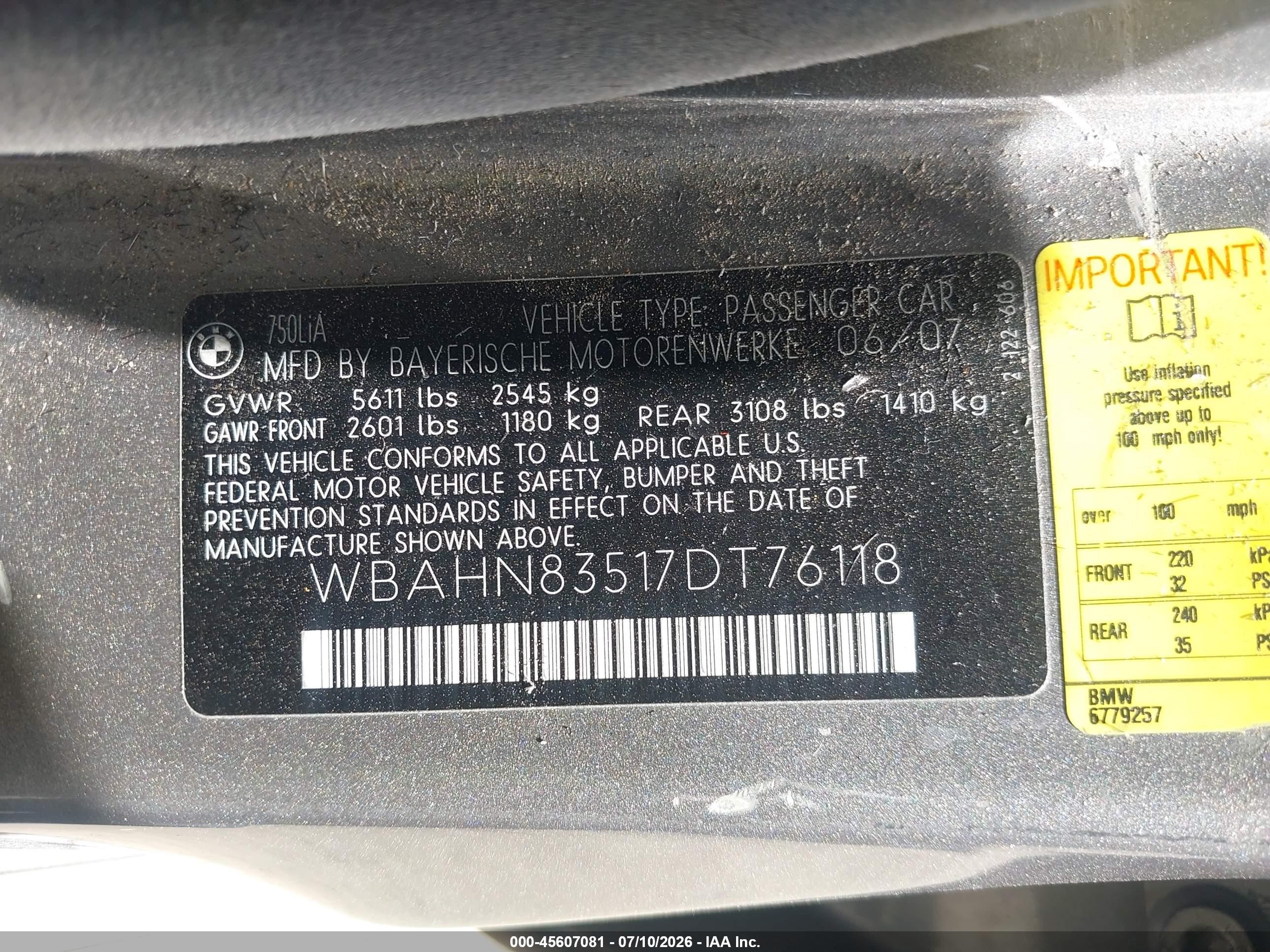 2007 Bmw 750li   Gray vin: WBAHN83517DT76118