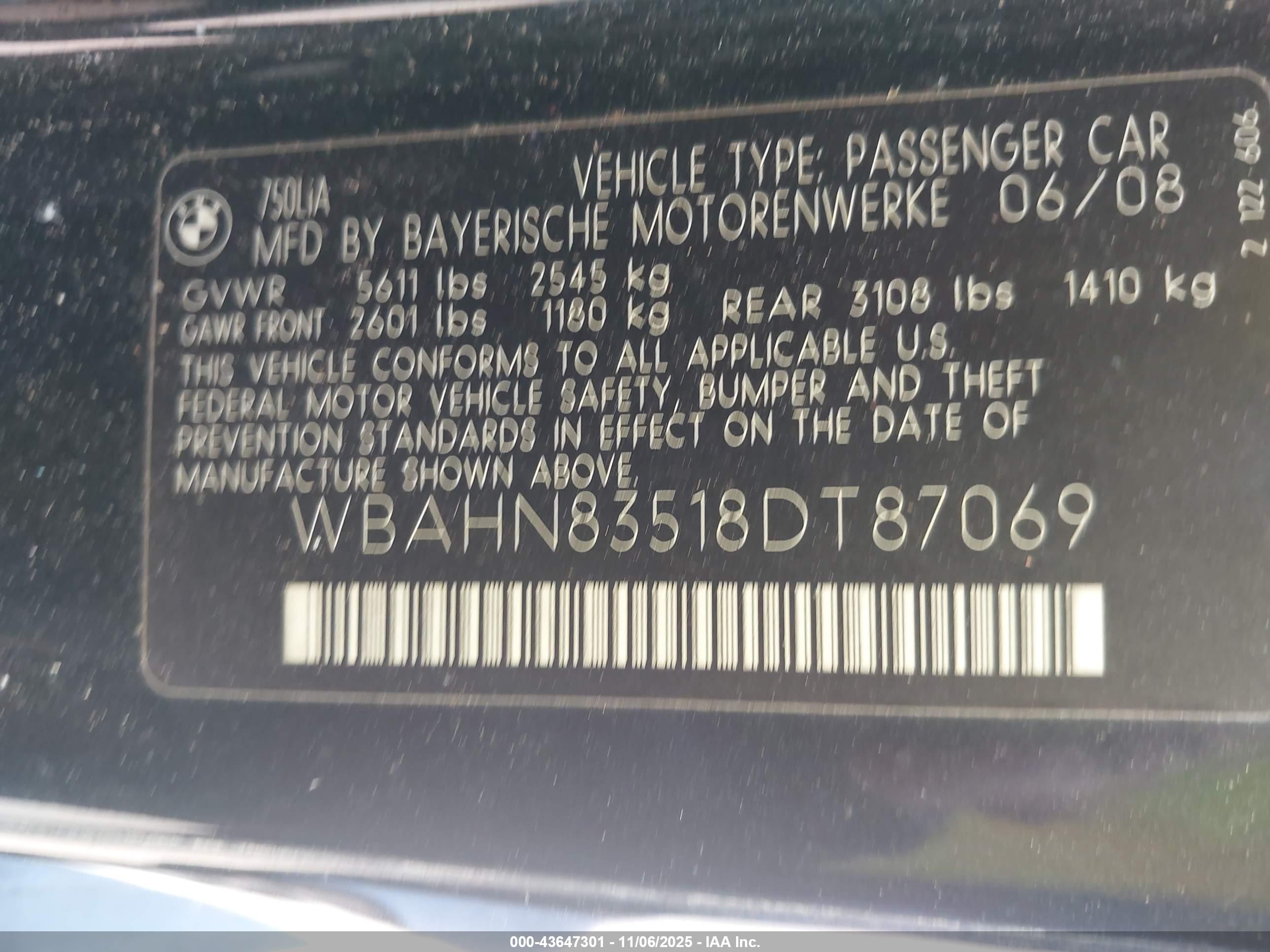 2008 Bmw 750li   Черный vin: WBAHN83518DT87069