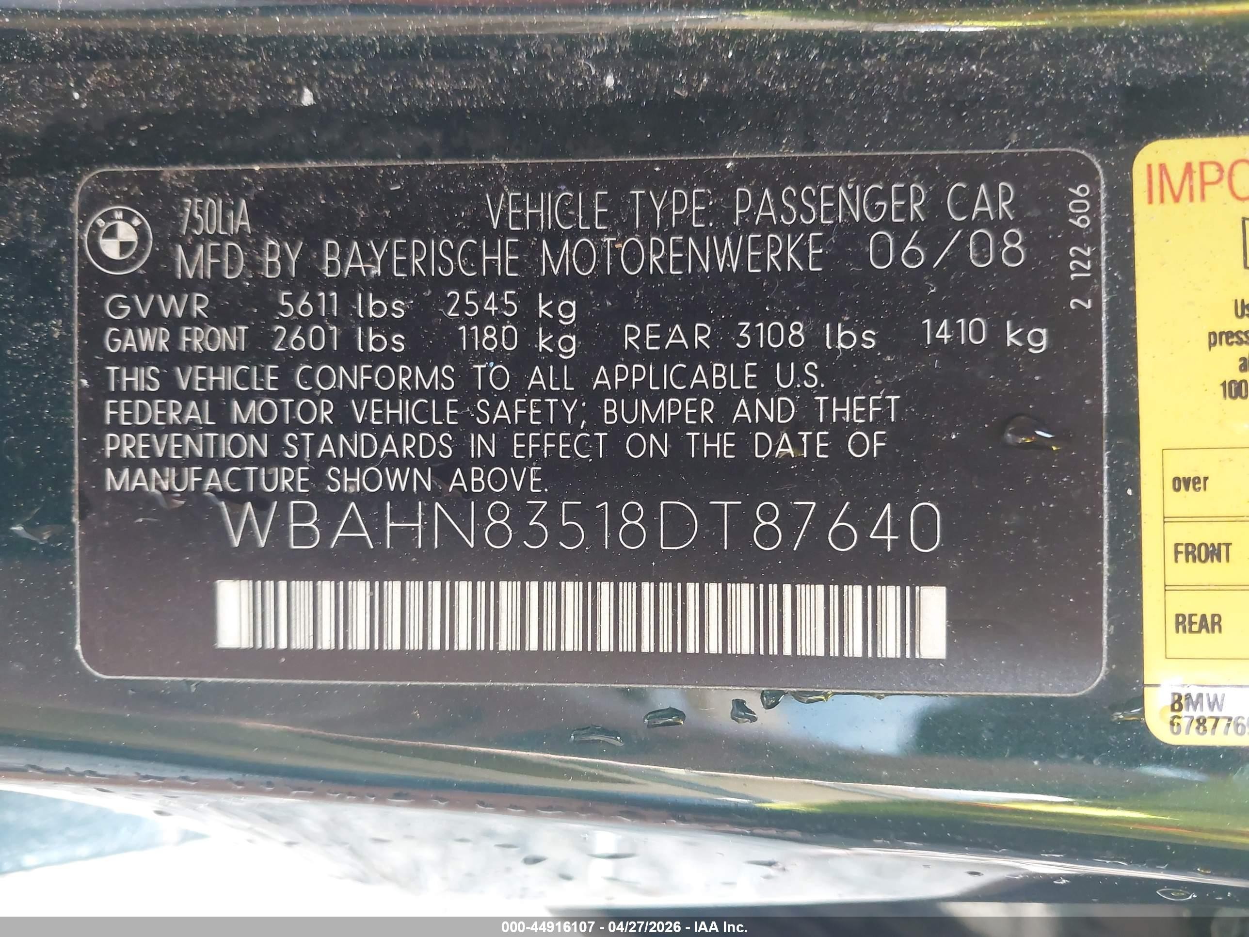 2008 Bmw 750li   Black vin: WBAHN83518DT87640
