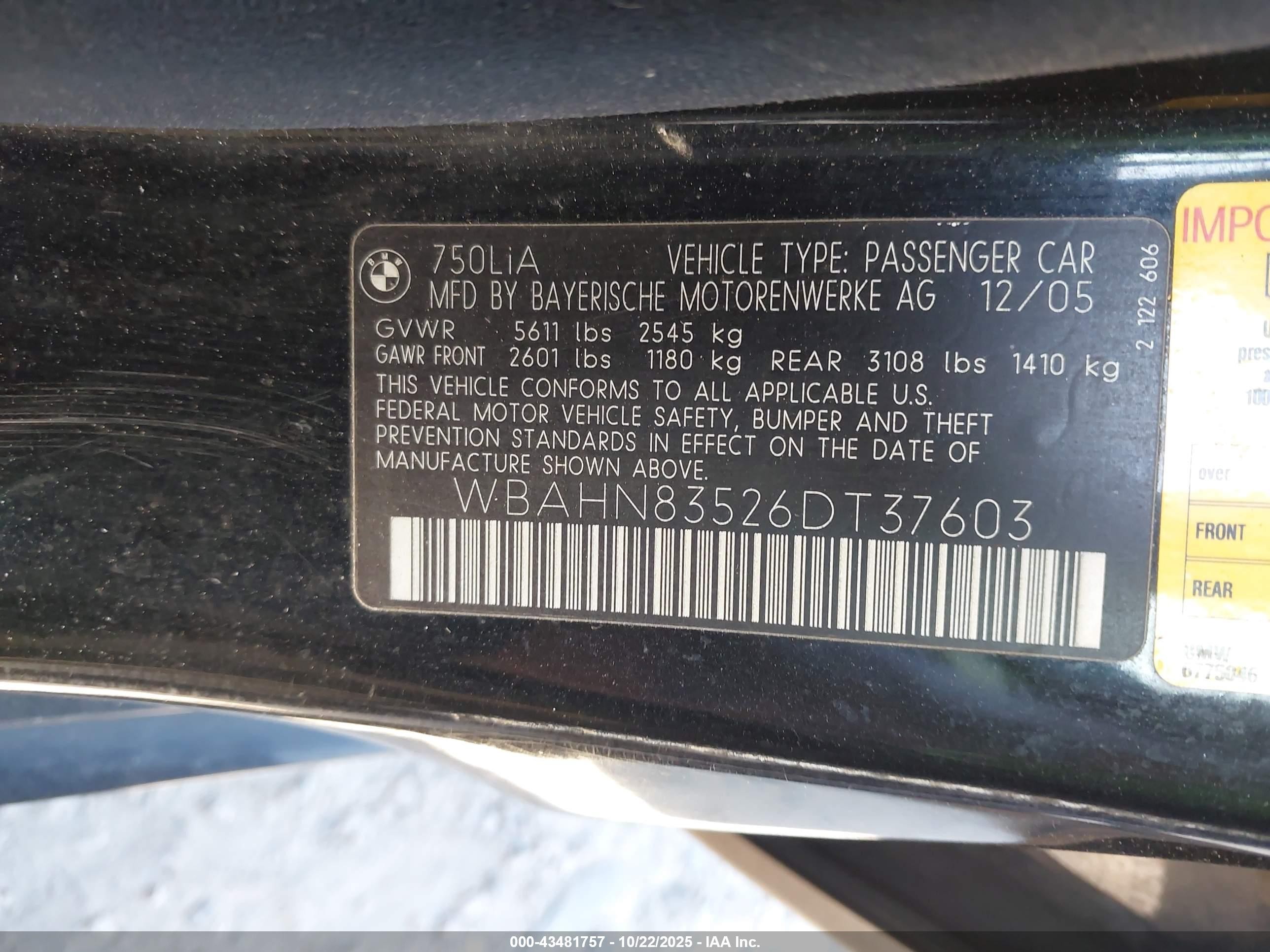 2006 Bmw 750li   Black vin: WBAHN83526DT37603