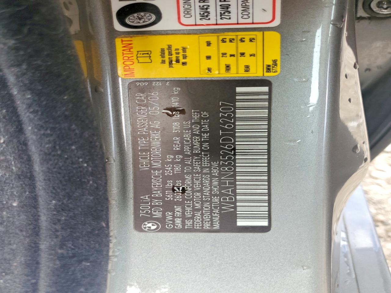 2006 Bmw 750 Li Серый vin: WBAHN83526DT62307