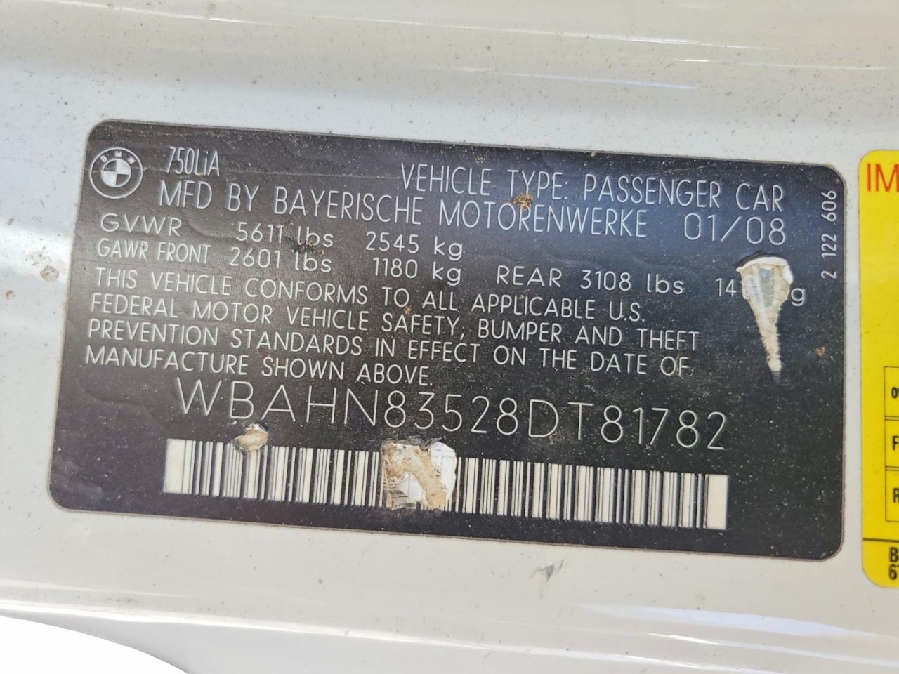 2008 Bmw 750 Li White vin: WBAHN83528DT81782