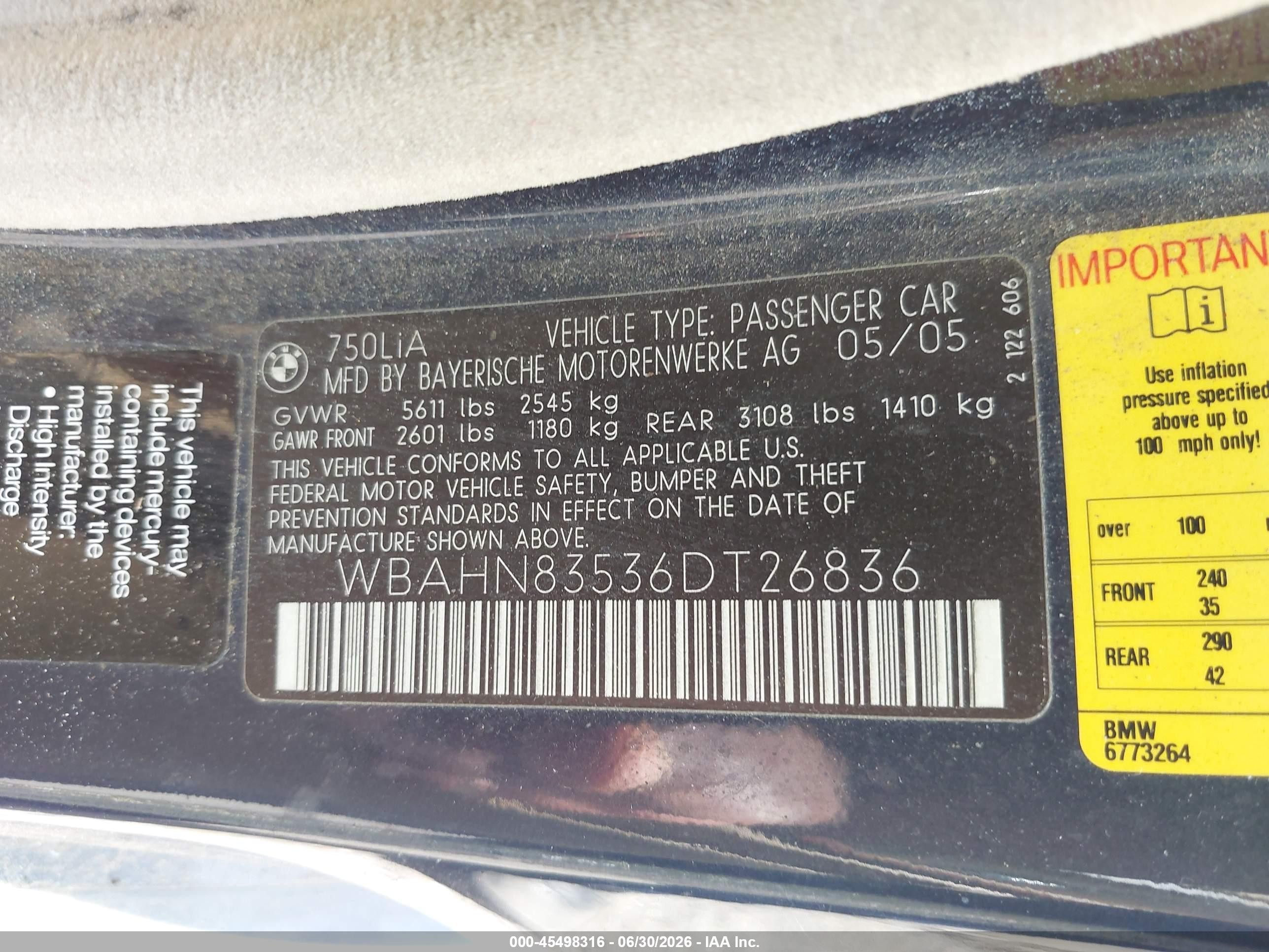 2006 Bmw 750 Li Blue vin: WBAHN83536DT26836