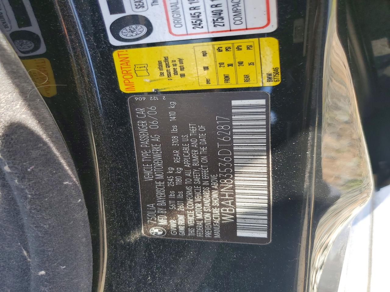 2006 Bmw 750 Li Black vin: WBAHN83536DT62817