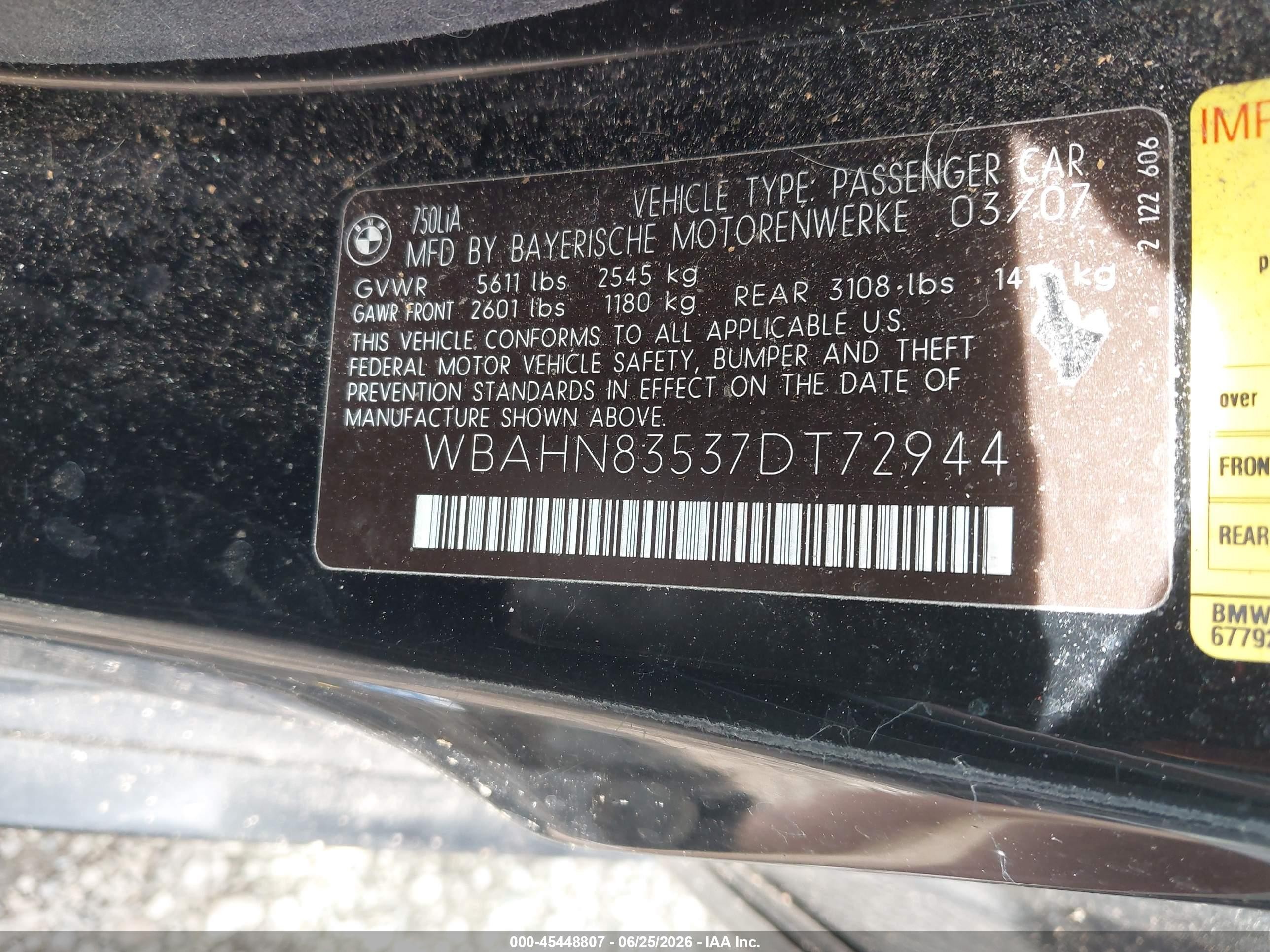 2007 Bmw 750li   Black vin: WBAHN83537DT72944