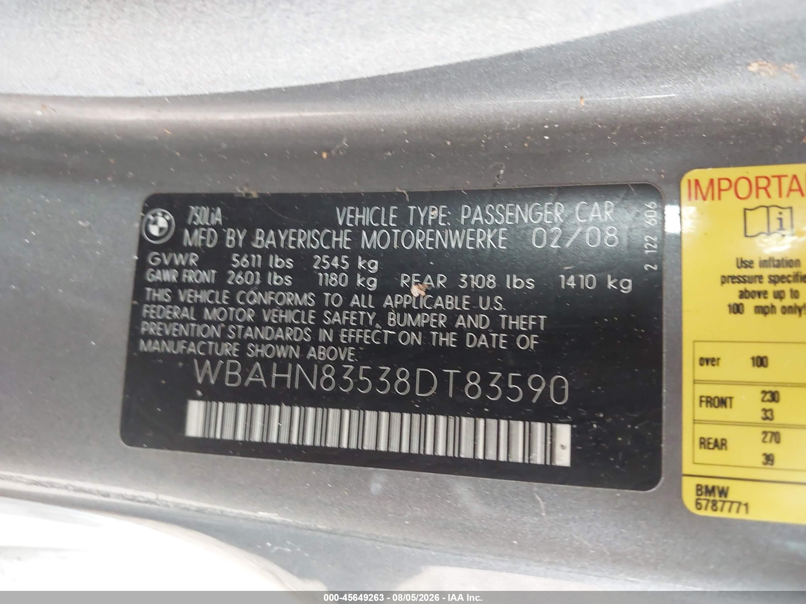 2008 Bmw 750li   Gray vin: WBAHN83538DT83590