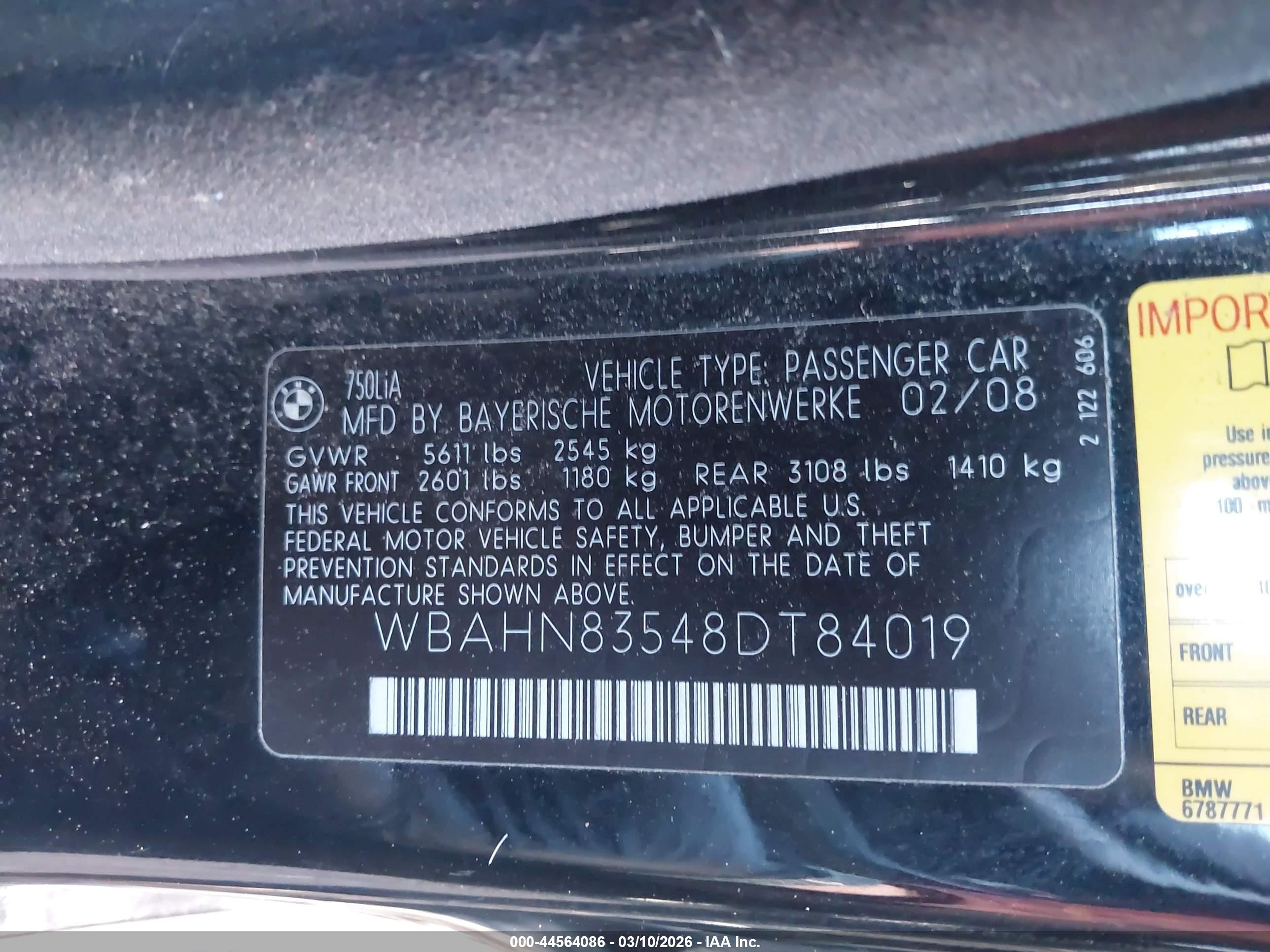 2008 Bmw 750li   Black vin: WBAHN83548DT84019