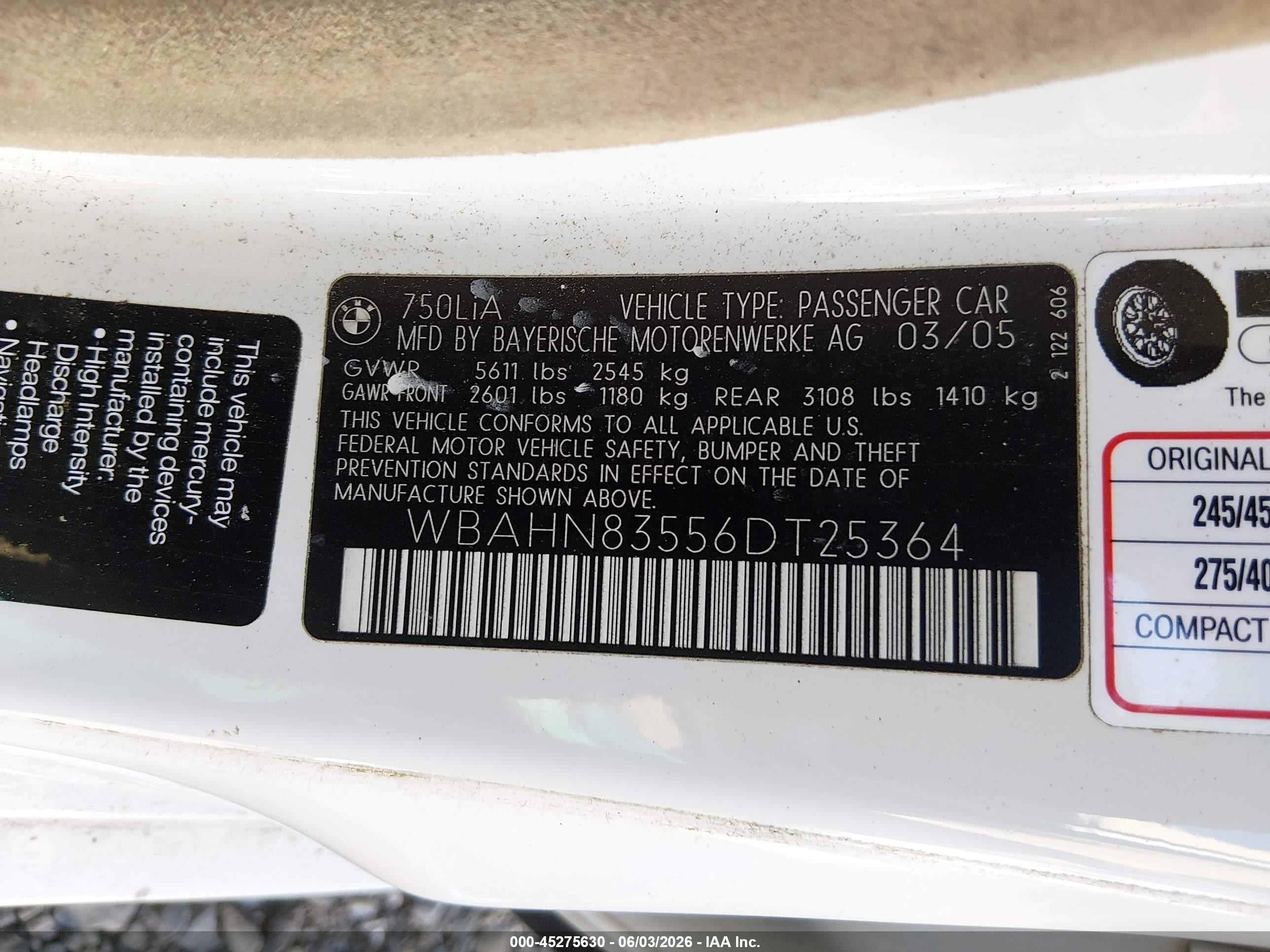 2006 Bmw 750li   White vin: WBAHN83556DT25364