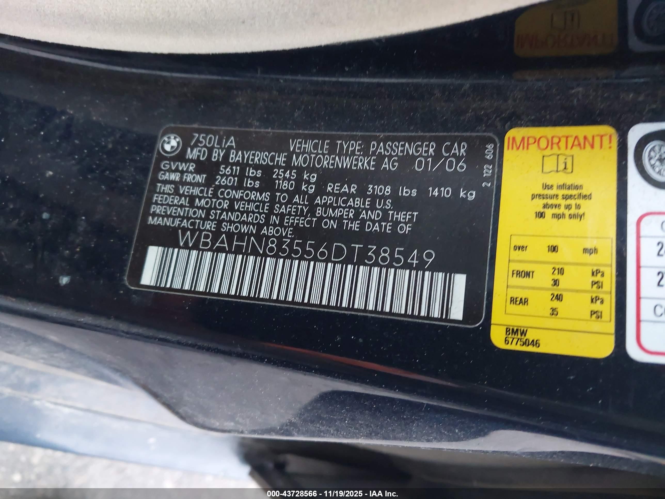 2006 Bmw 750li   Black vin: WBAHN83556DT38549