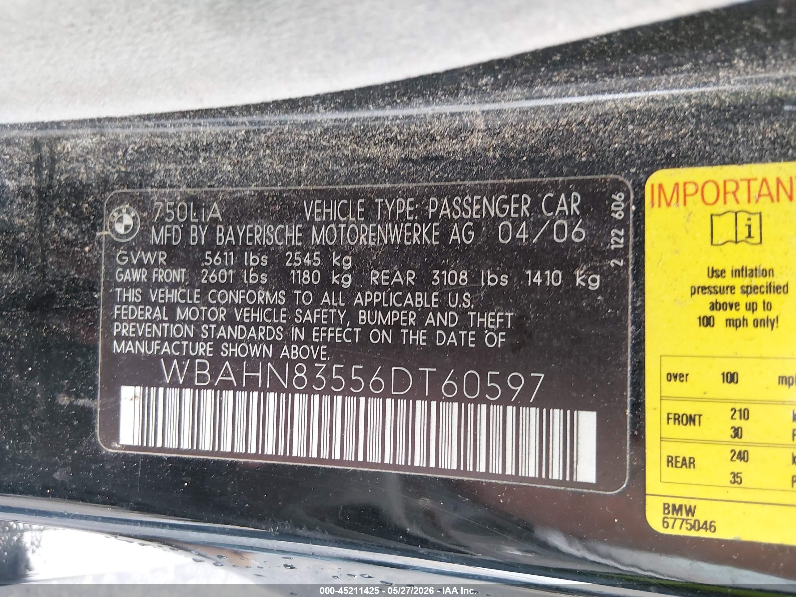2006 Bmw 750li   Black vin: WBAHN83556DT60597