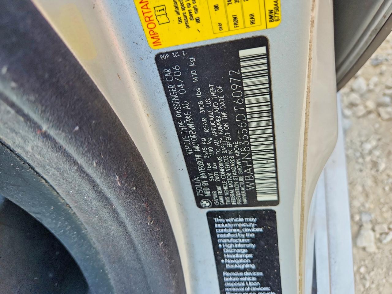 2006 Bmw 750 Li Silver vin: WBAHN83556DT60972