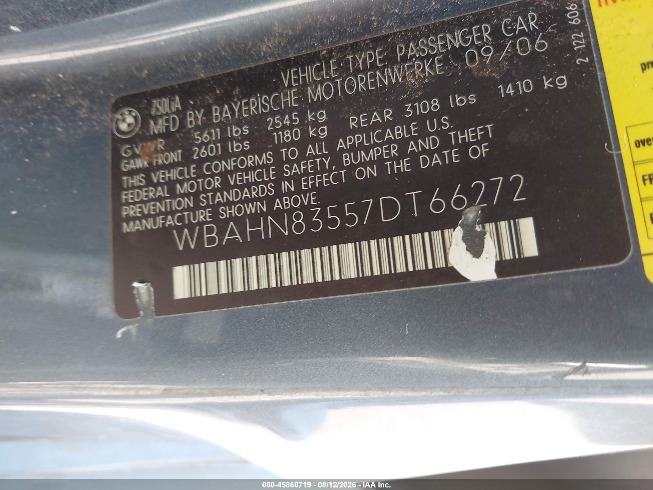 2007 Bmw 750li   Blue vin: WBAHN83557DT66272
