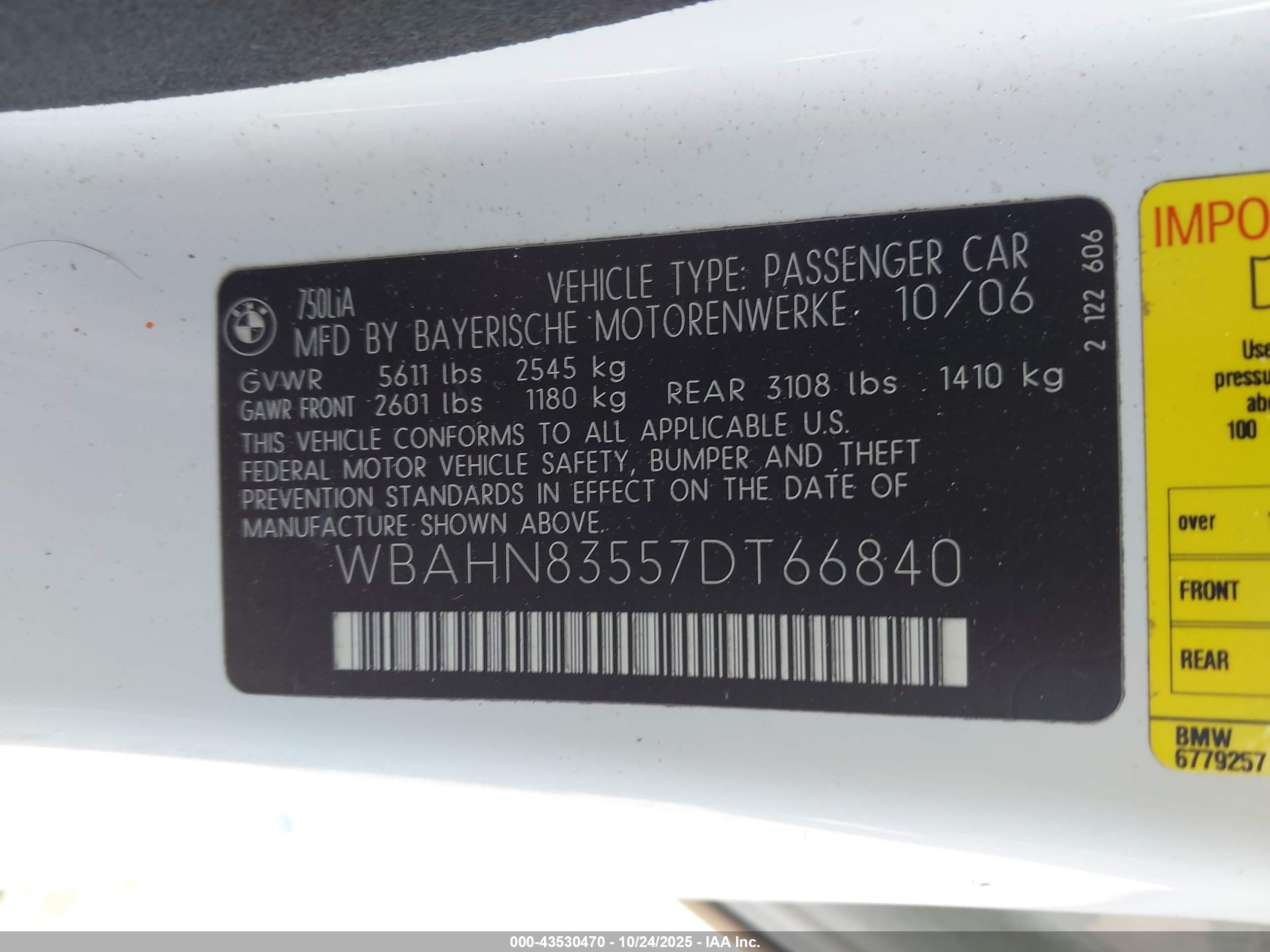2007 Bmw 750li   White vin: WBAHN83557DT66840