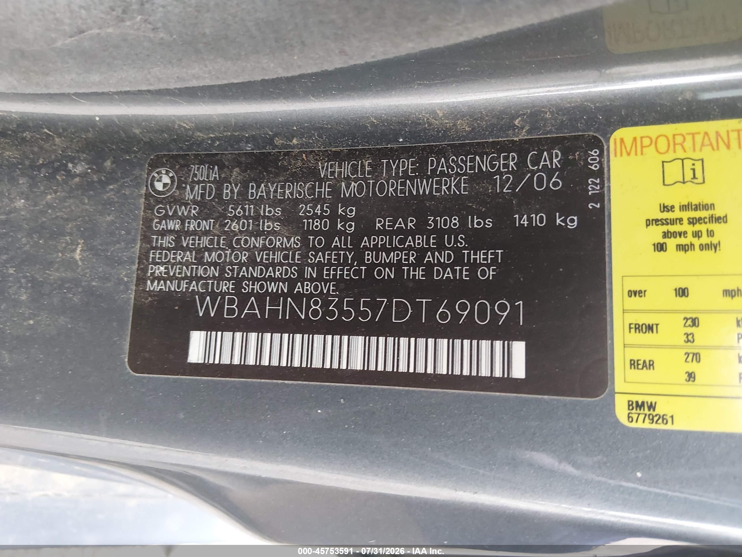 2007 Bmw 750li   Gray vin: WBAHN83557DT69091