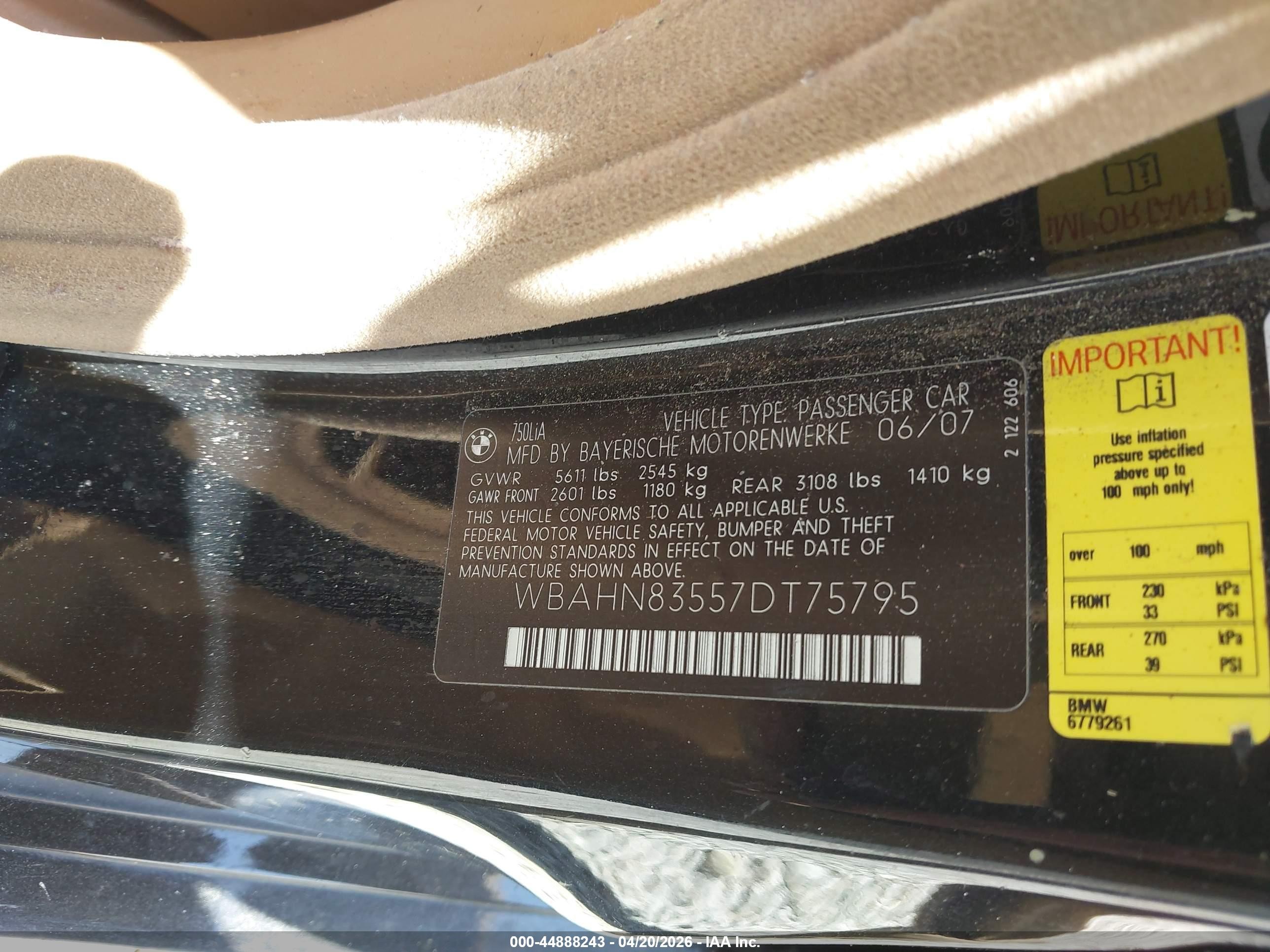 2007 Bmw 750li   Black vin: WBAHN83557DT75795