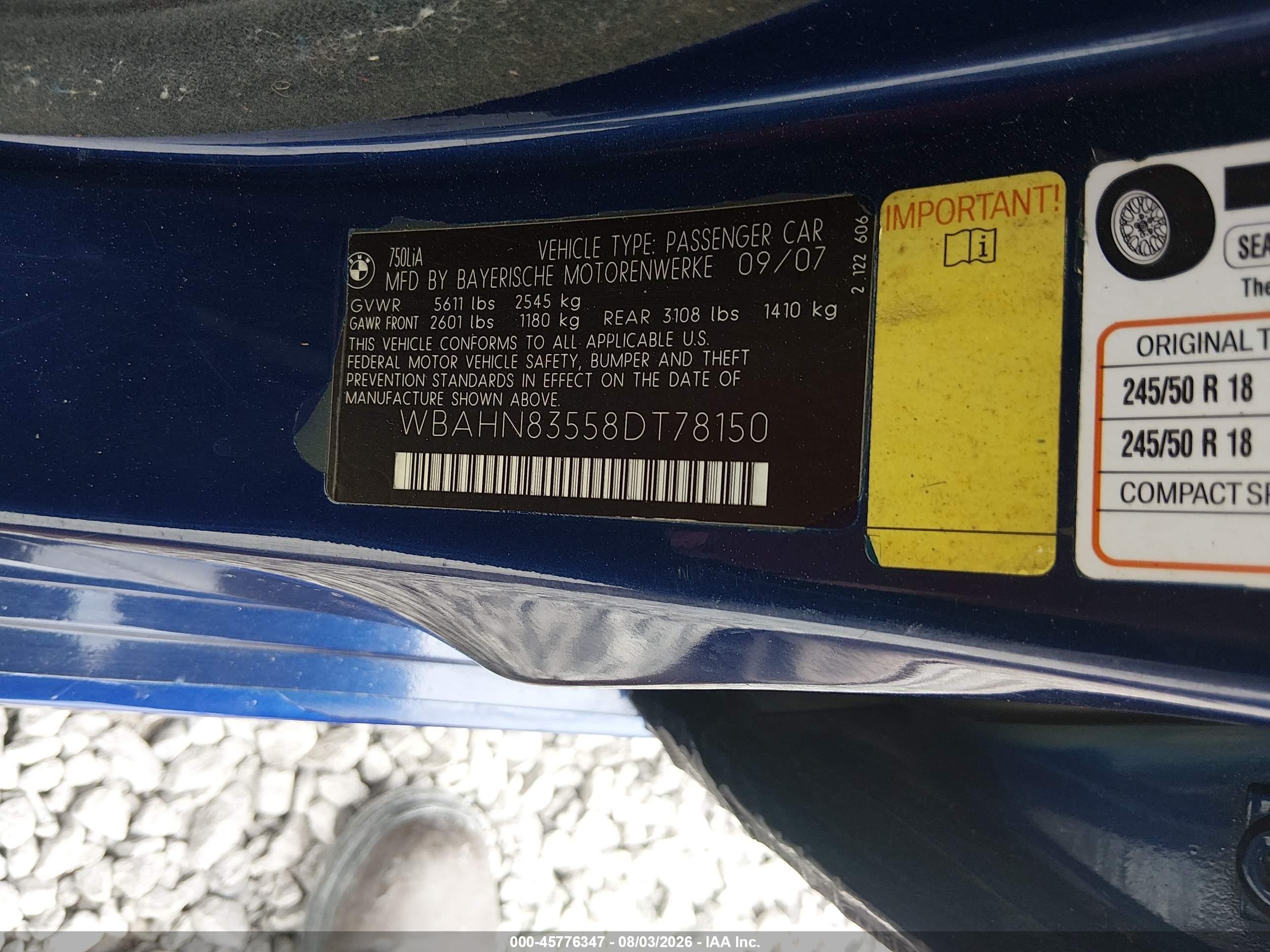 2008 Bmw 750li Blue vin: WBAHN83558DT78150