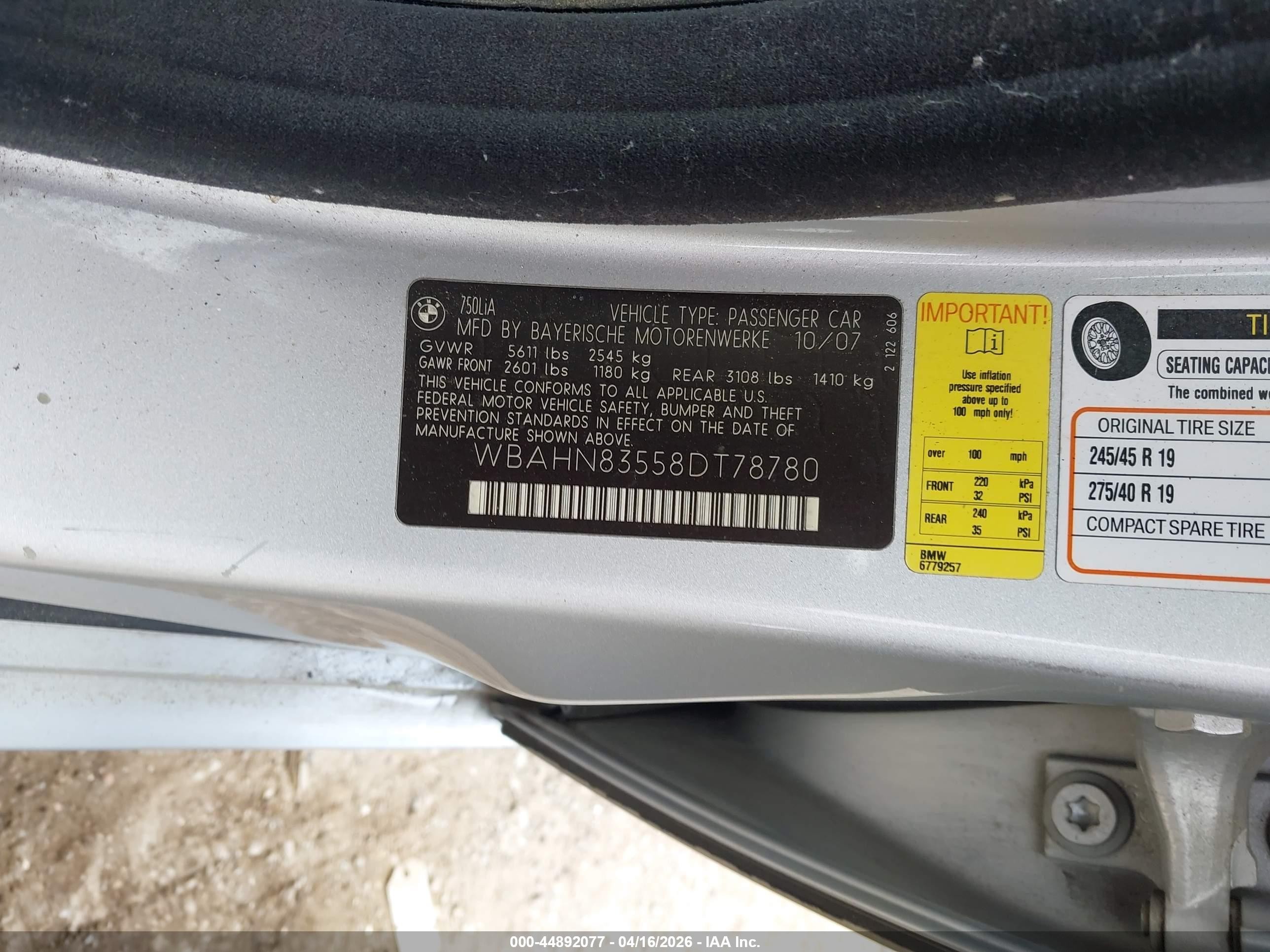 2008 Bmw 750li   Silver vin: WBAHN83558DT78780