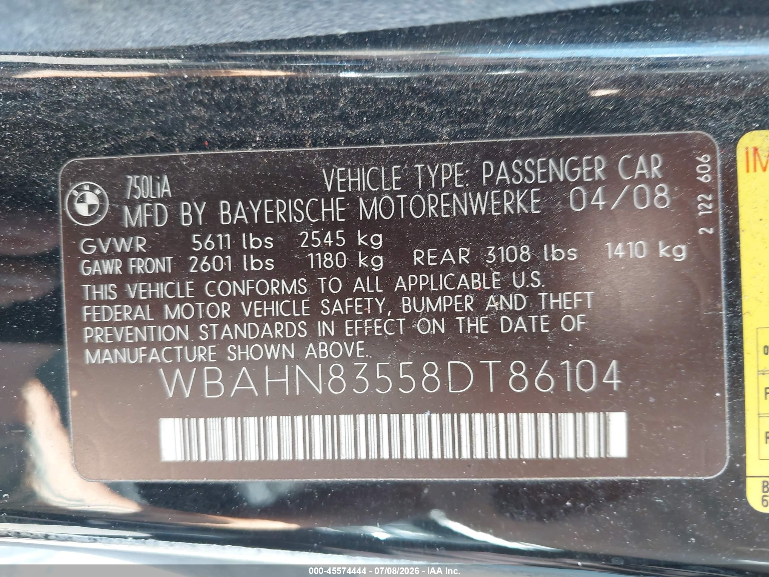 2008 Bmw 750li   Black vin: WBAHN83558DT86104