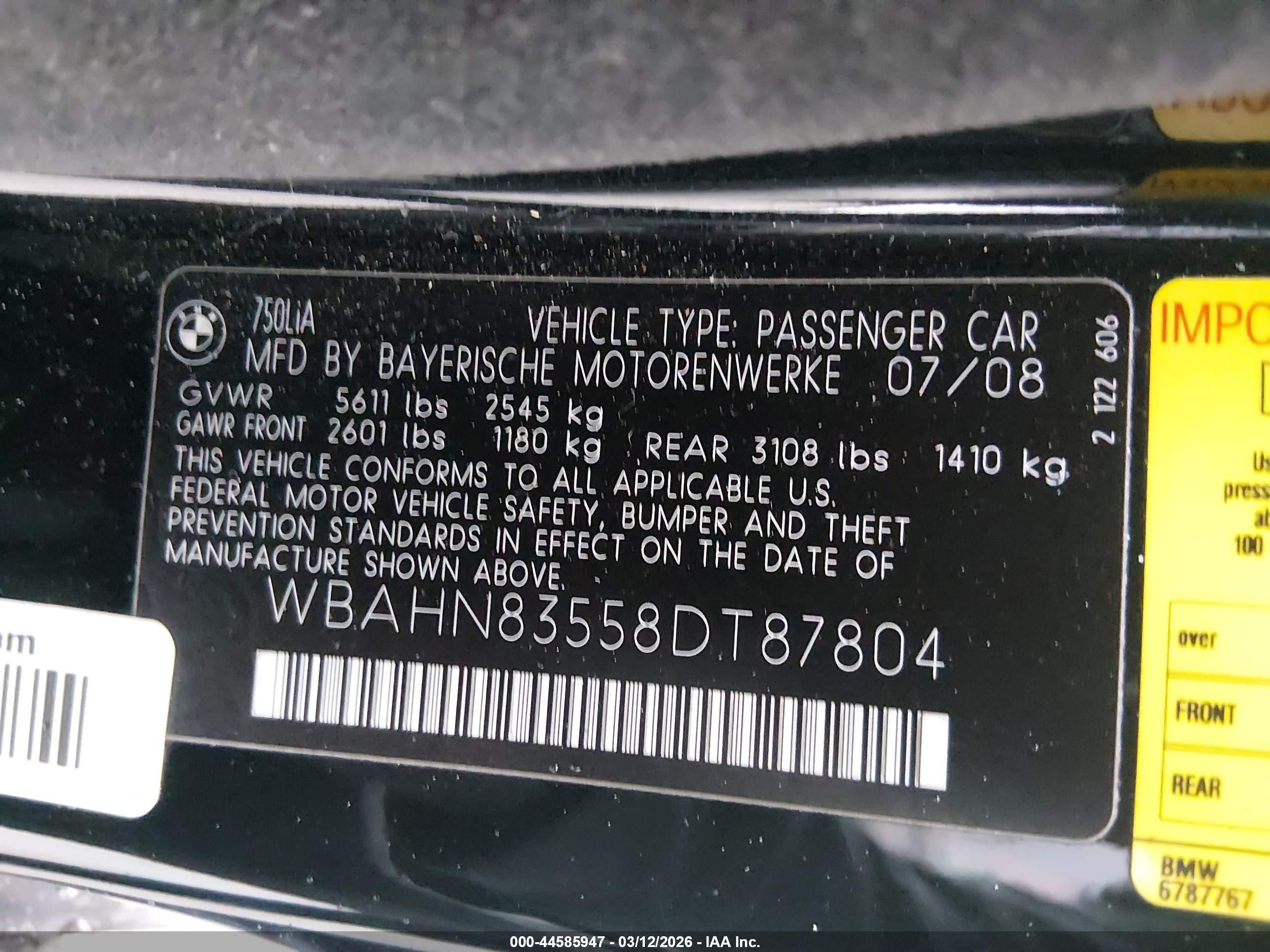 2008 Bmw 750li   Черный vin: WBAHN83558DT87804