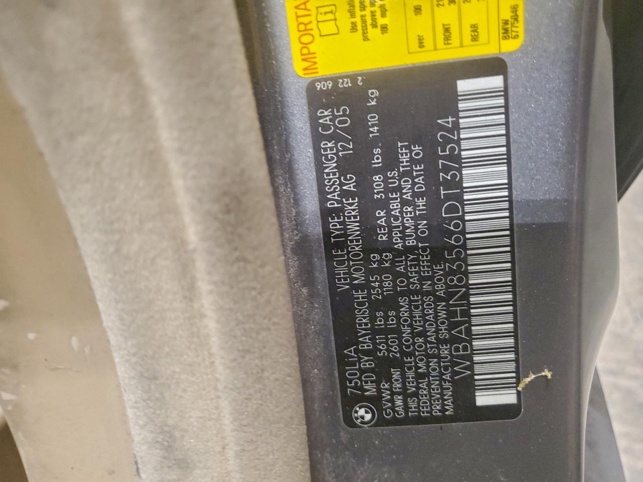 2006 Bmw 750 Li Gray vin: WBAHN83566DT37524