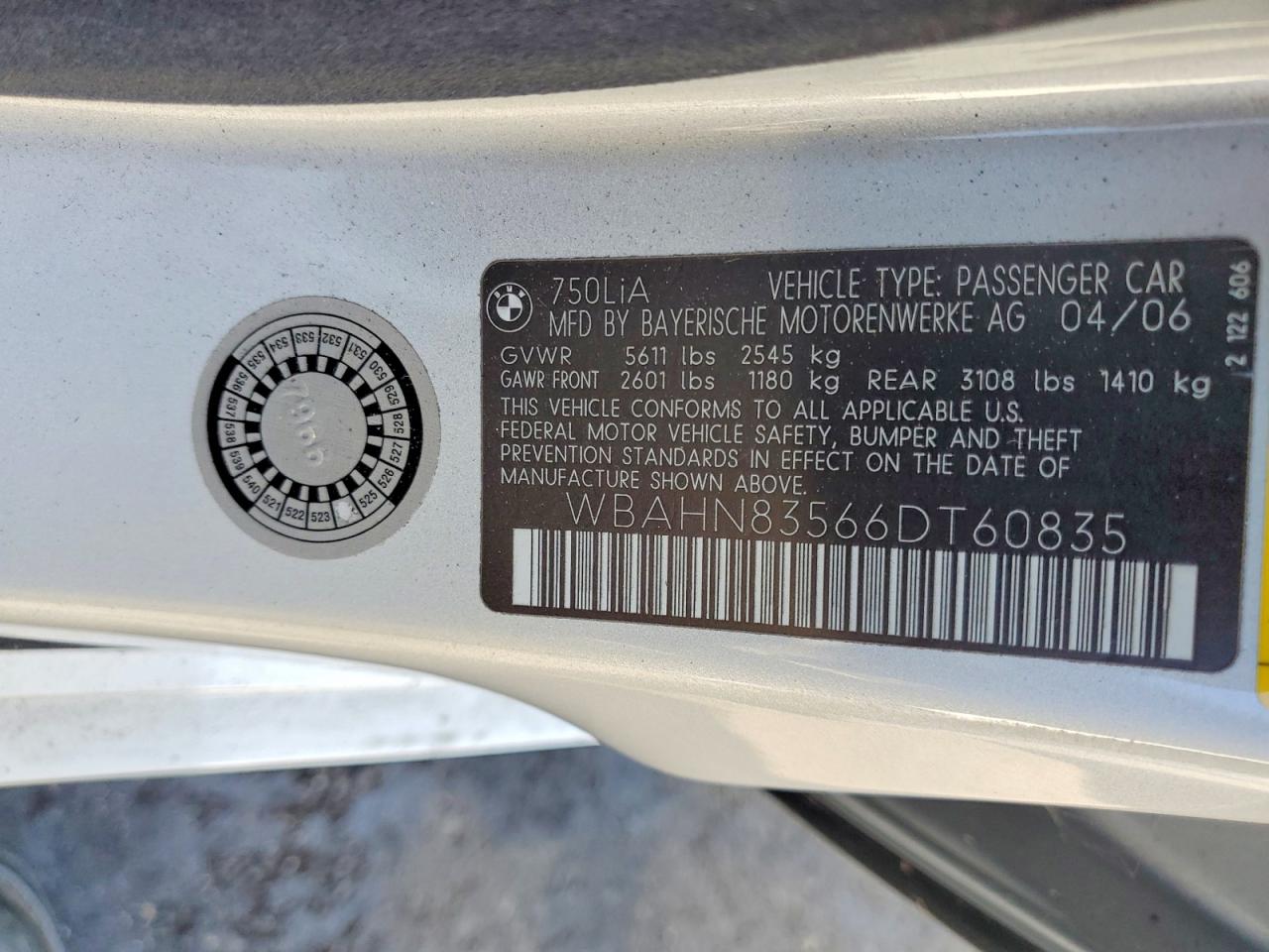 2006 Bmw 750 Li Silver vin: WBAHN83566DT60835