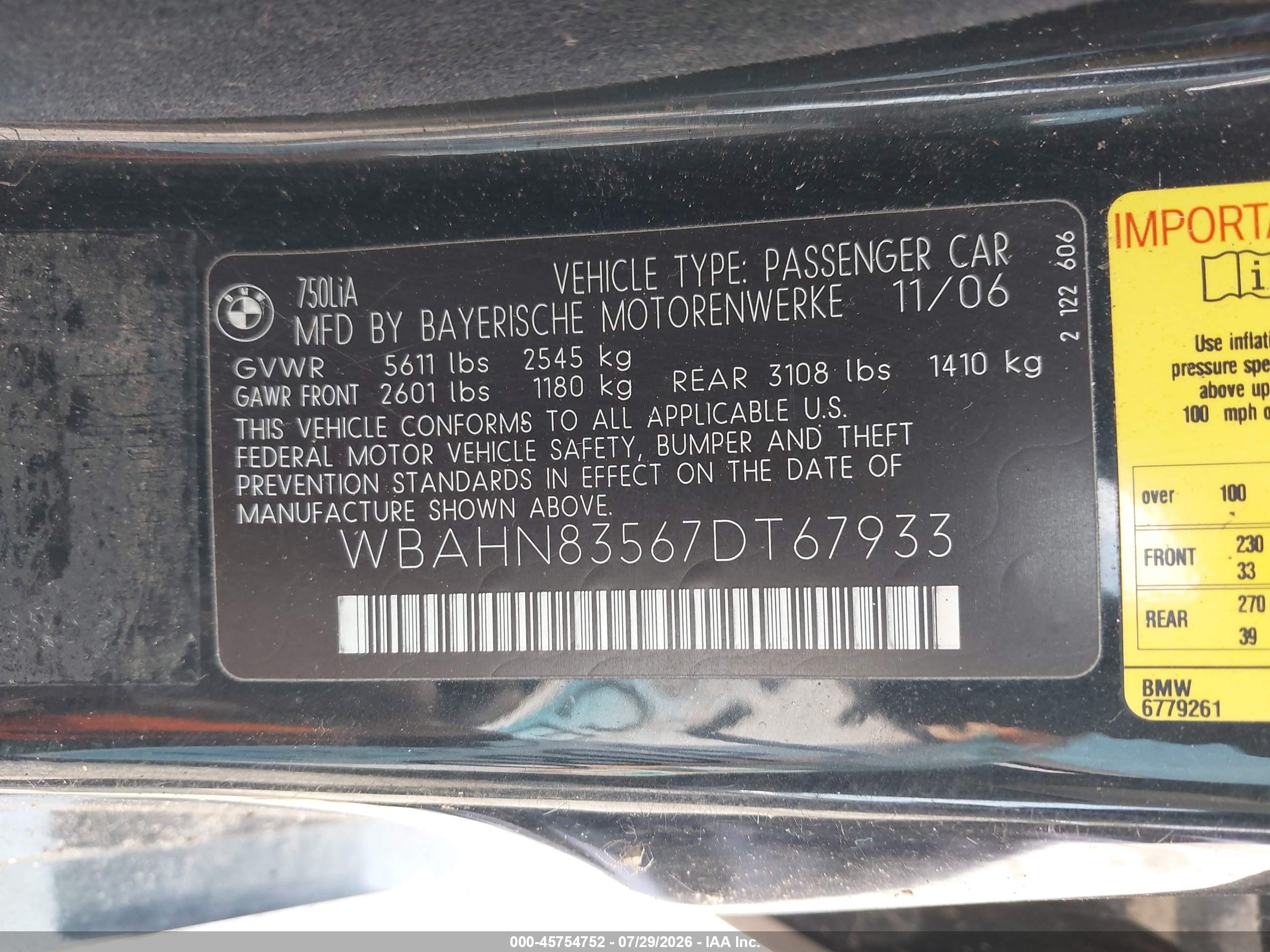 2007 Bmw 750li   Black vin: WBAHN83567DT67933