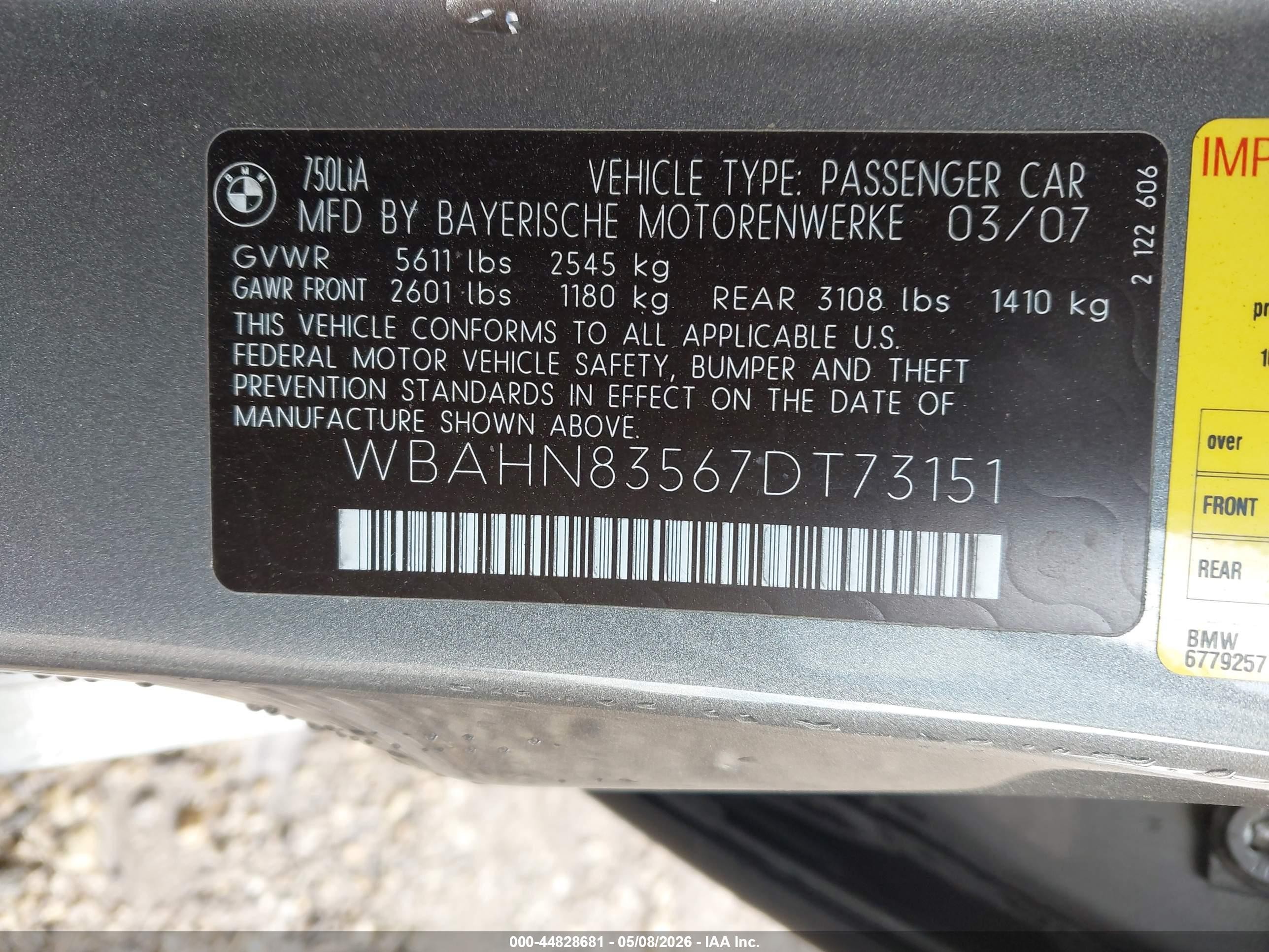 2007 Bmw 750li   Gray vin: WBAHN83567DT73151