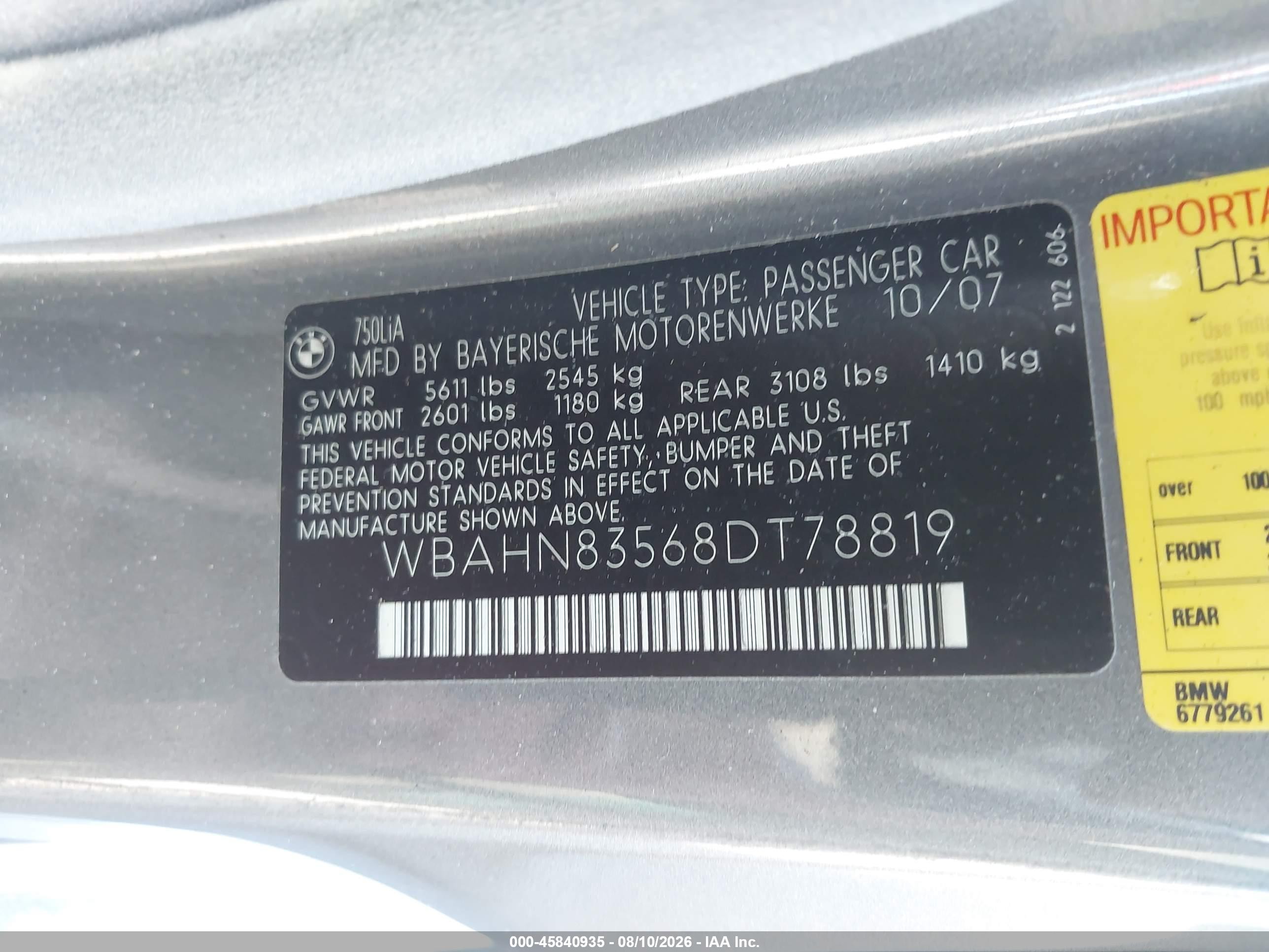 2008 Bmw 750li   Серый vin: WBAHN83568DT78819