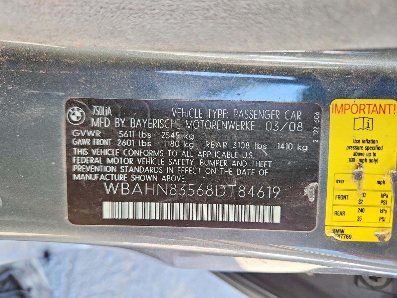 2008 Bmw 750 Li Gray vin: WBAHN83568DT84619